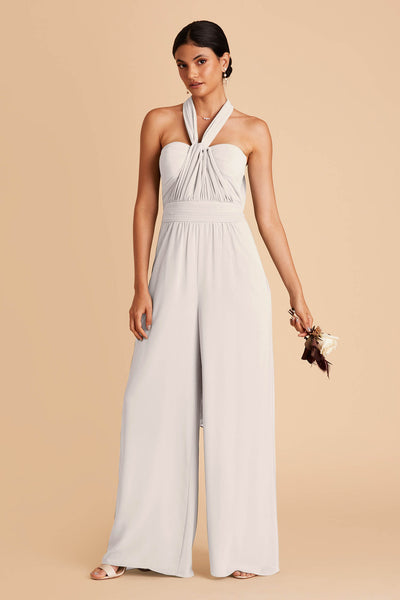 Light gray wedding jumpsuit with sweetheart bodice with convertible neckline