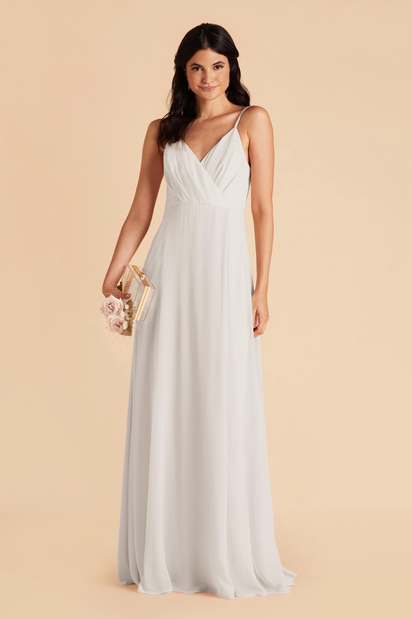 Dove light gray floor-sweeping full overlap bridesmaid dress with V-neck