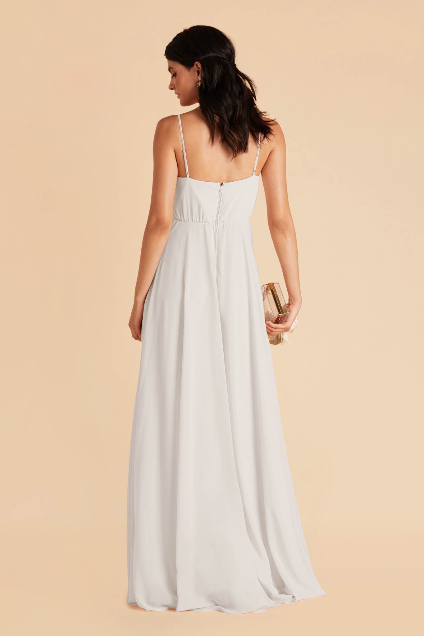 Dove light gray floor-sweeping full overlap bridesmaid dress