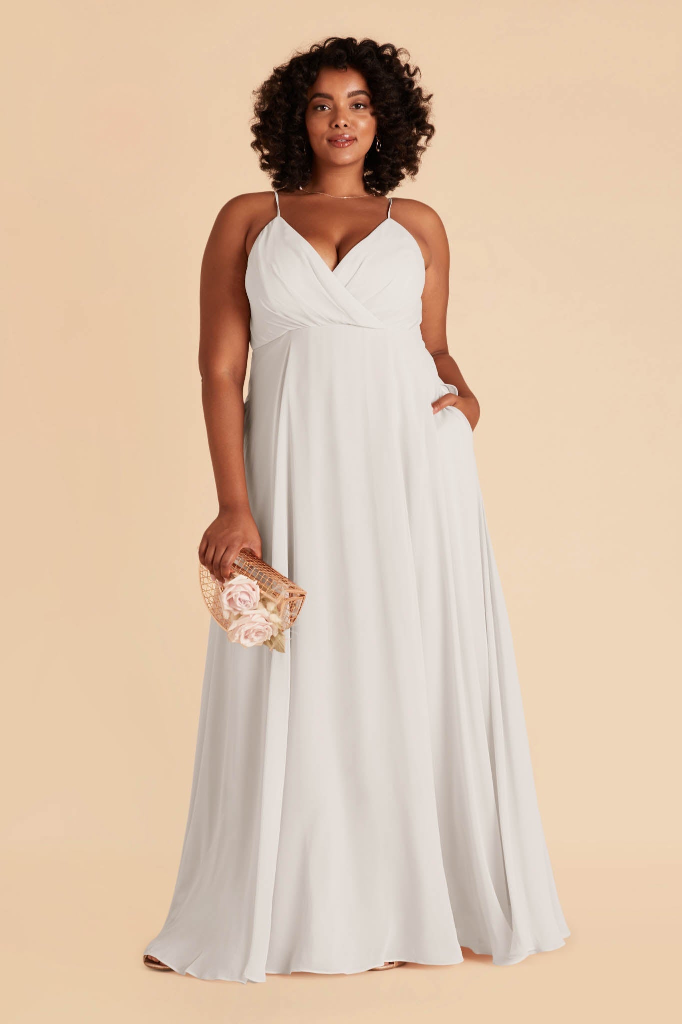 Plus size Dove light gray floor-sweeping full overlap bridesmaid dress with V-neck