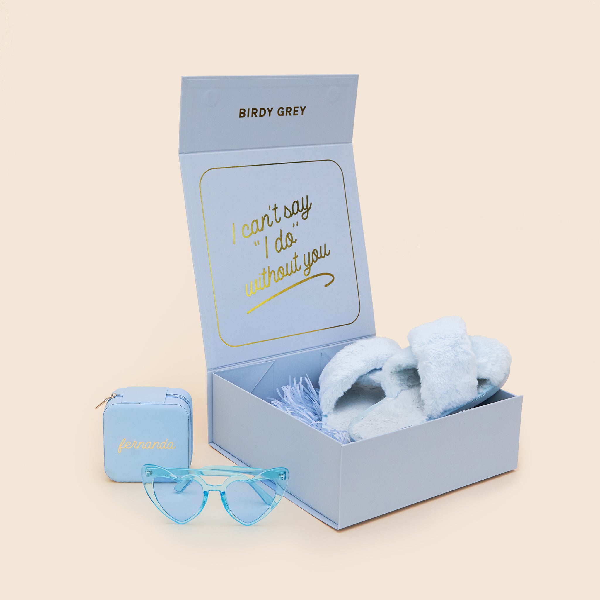 Personalized Proposal Box with jewelry box, sunglasses and slippers in Champagne, front view