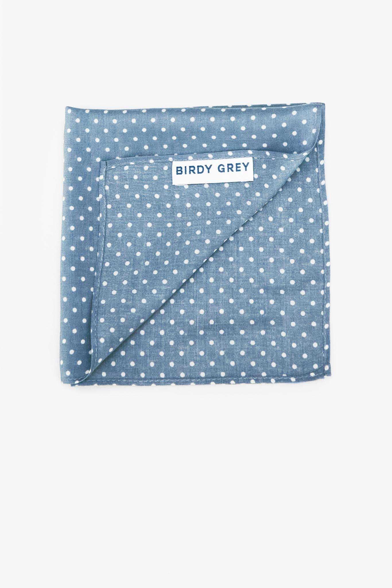 Medium Blue Groomsmen pocket square with white dots with birdy grey label showing