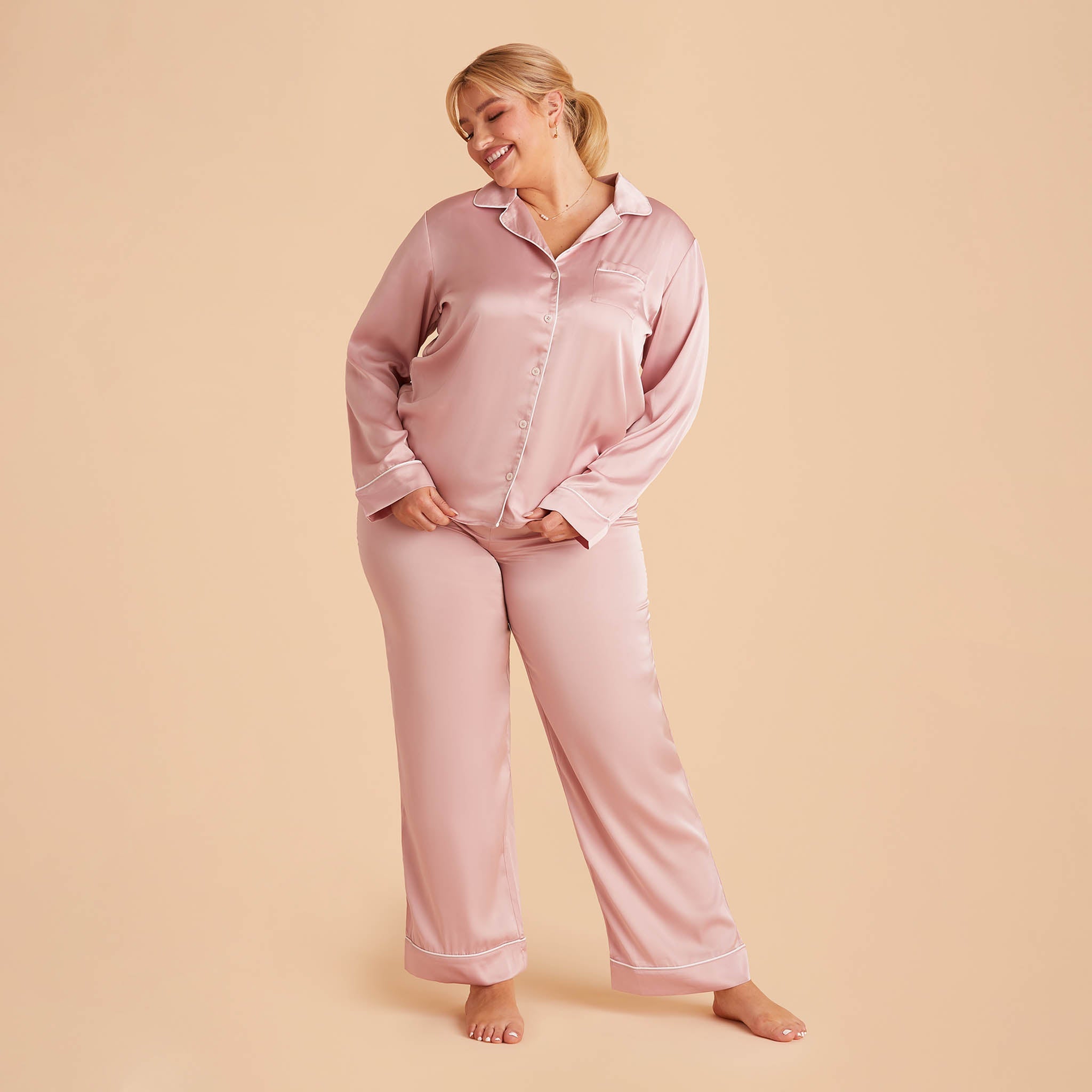 Jonny Plus Size Satin Long Sleeve Pajama Top With White Piping in dusty pink, front view