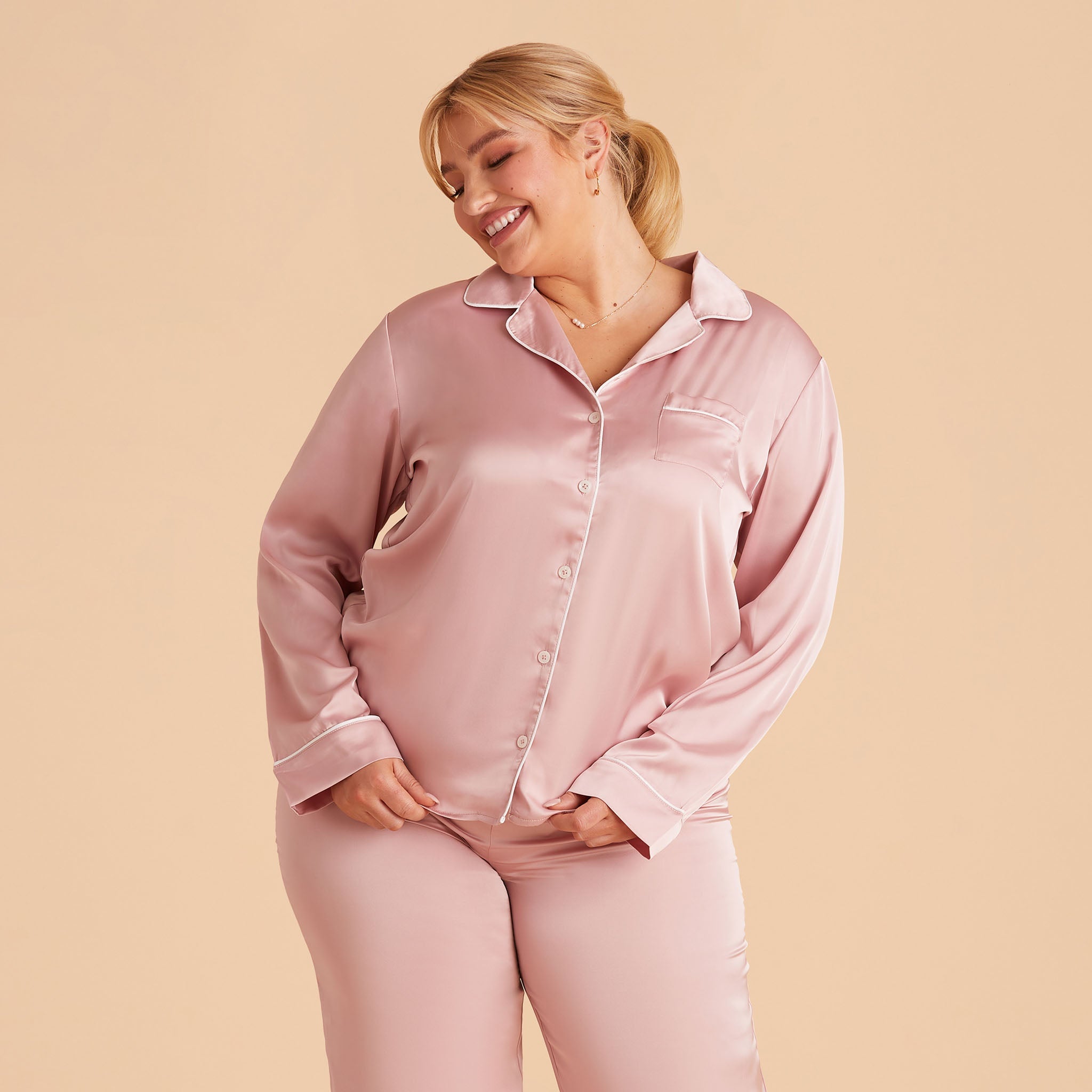 Jonny Dusty Pink Satin Long-Sleeve Pajama Top
