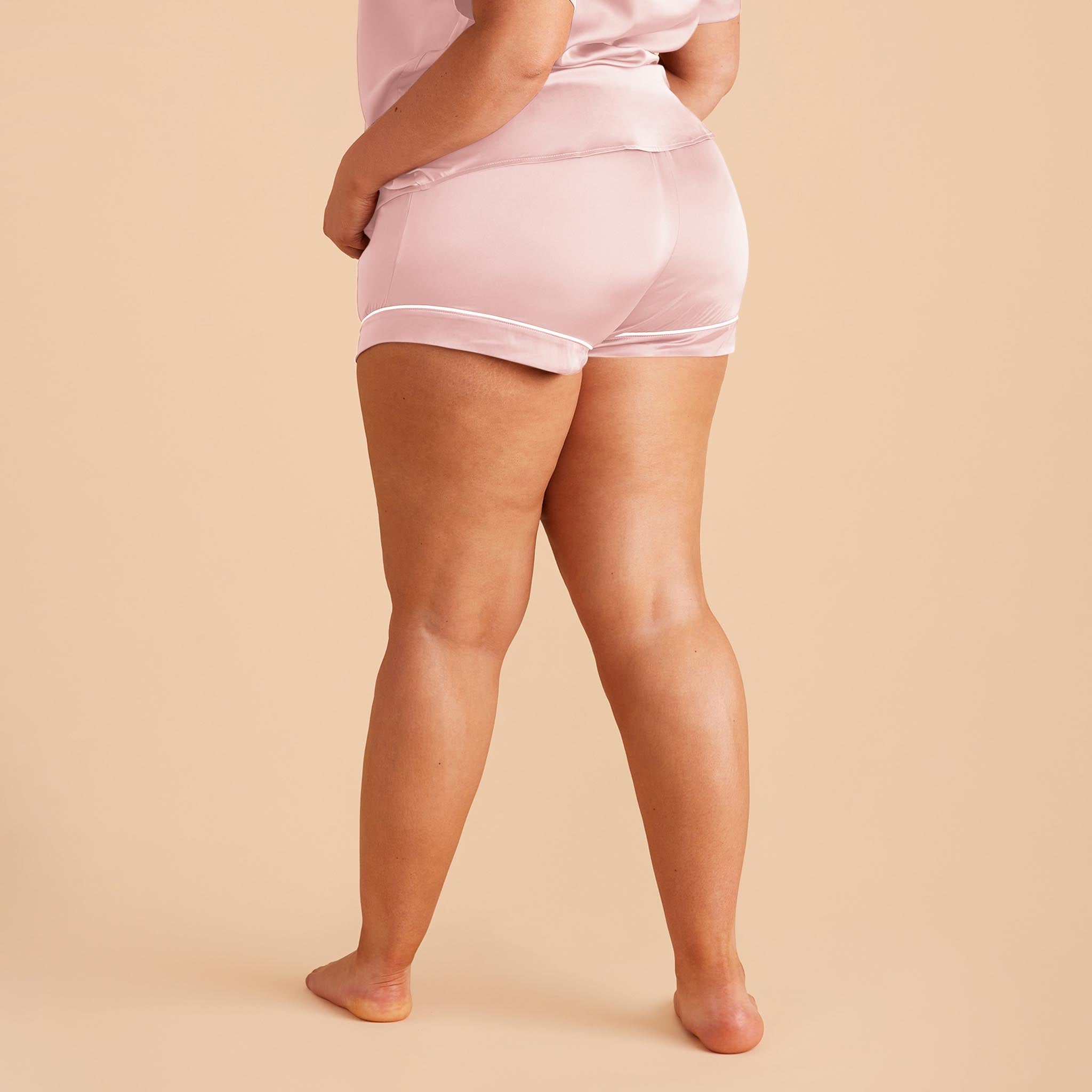 Jonny Plus Size Satin Shorts Bridesmaid Pajamas With White Piping in Dusty Pink, back view