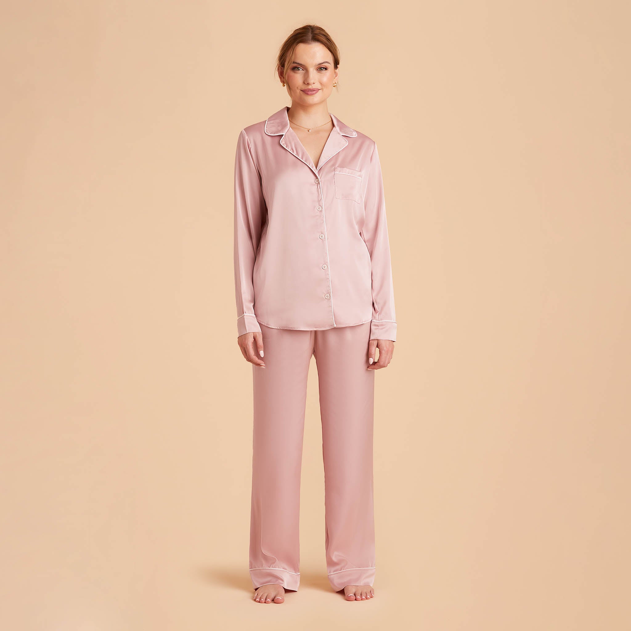 Jonny Satin Pants Bridesmaid Pajamas With White Piping in dusty pink, front view