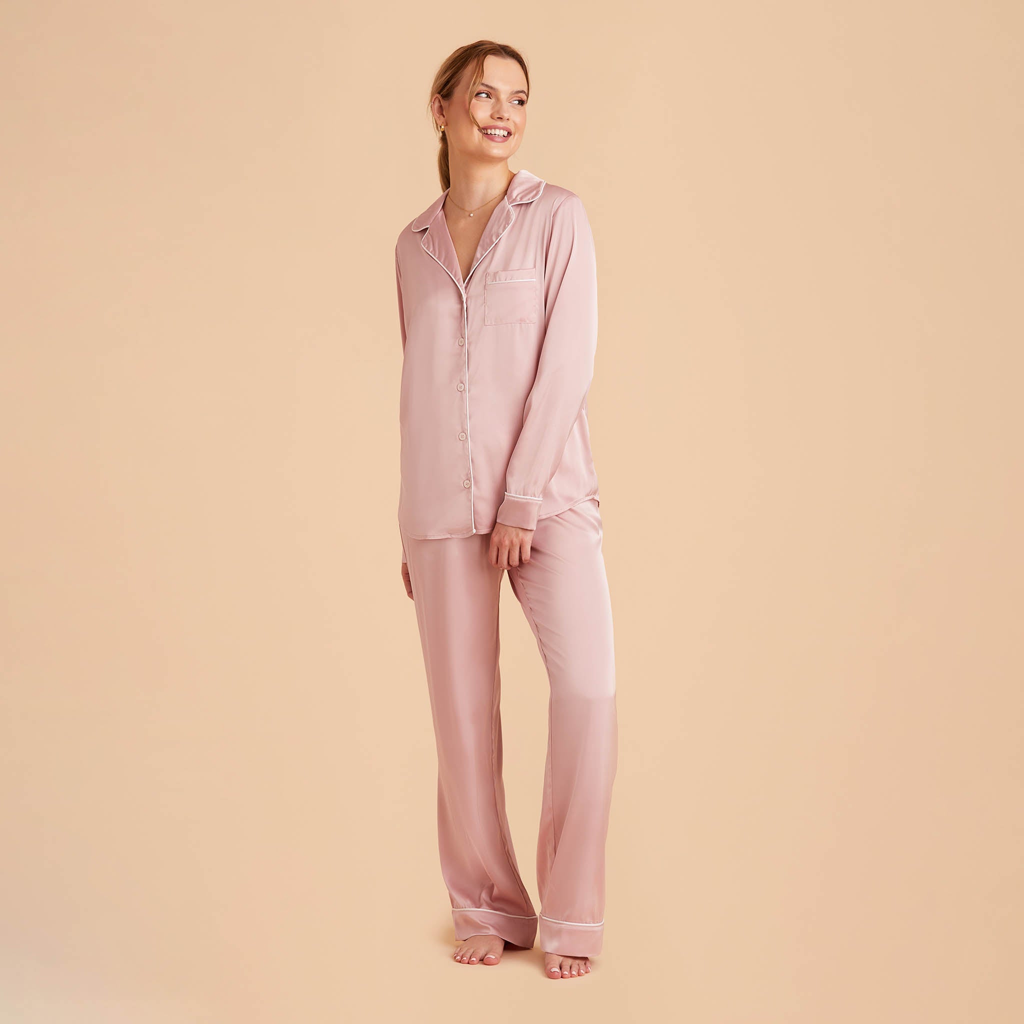 Jonny Satin Long Sleeve Pajama Top With White Piping in dusty pink, front view