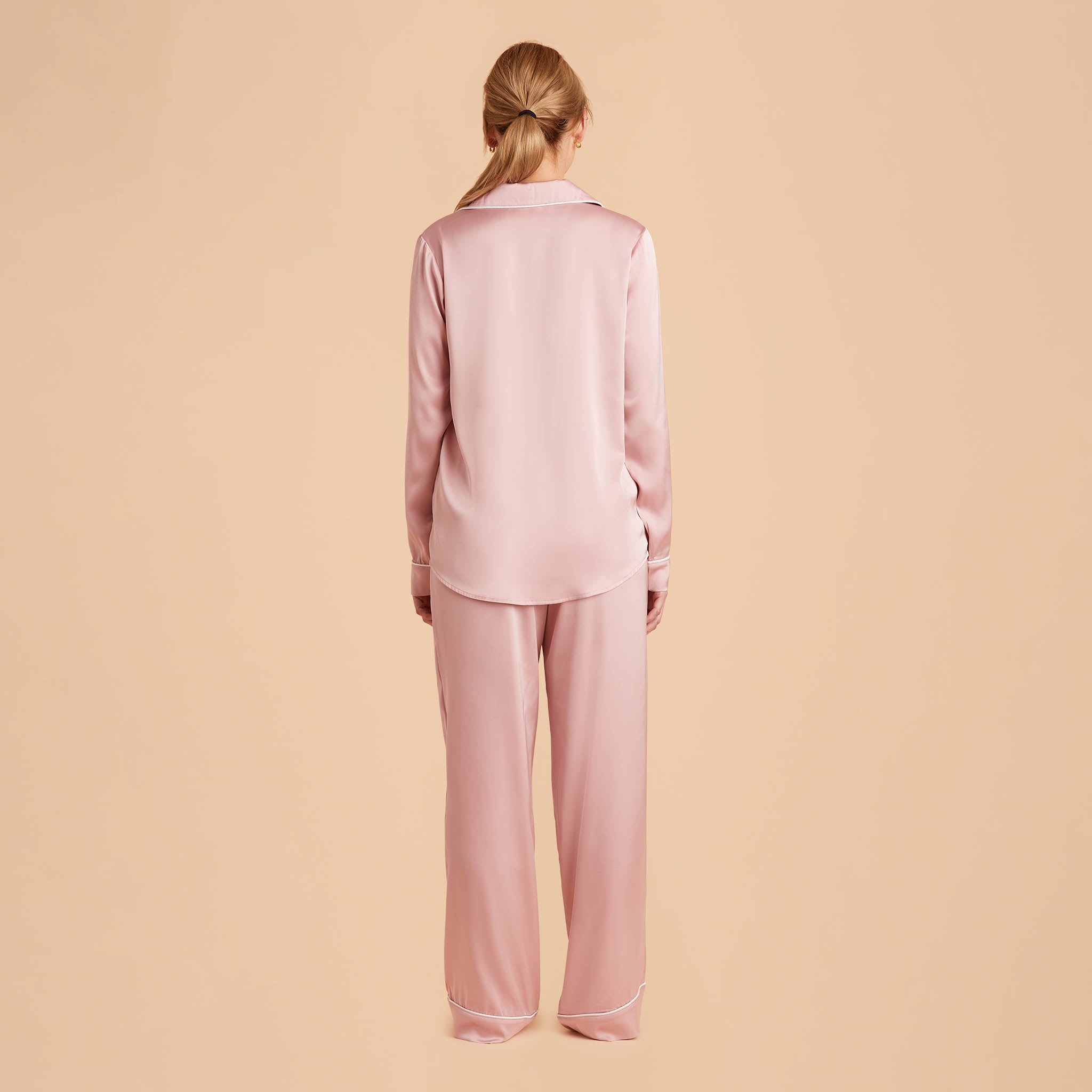 Jonny Satin Pants Bridesmaid Pajamas With White Piping in dusty pink, back view