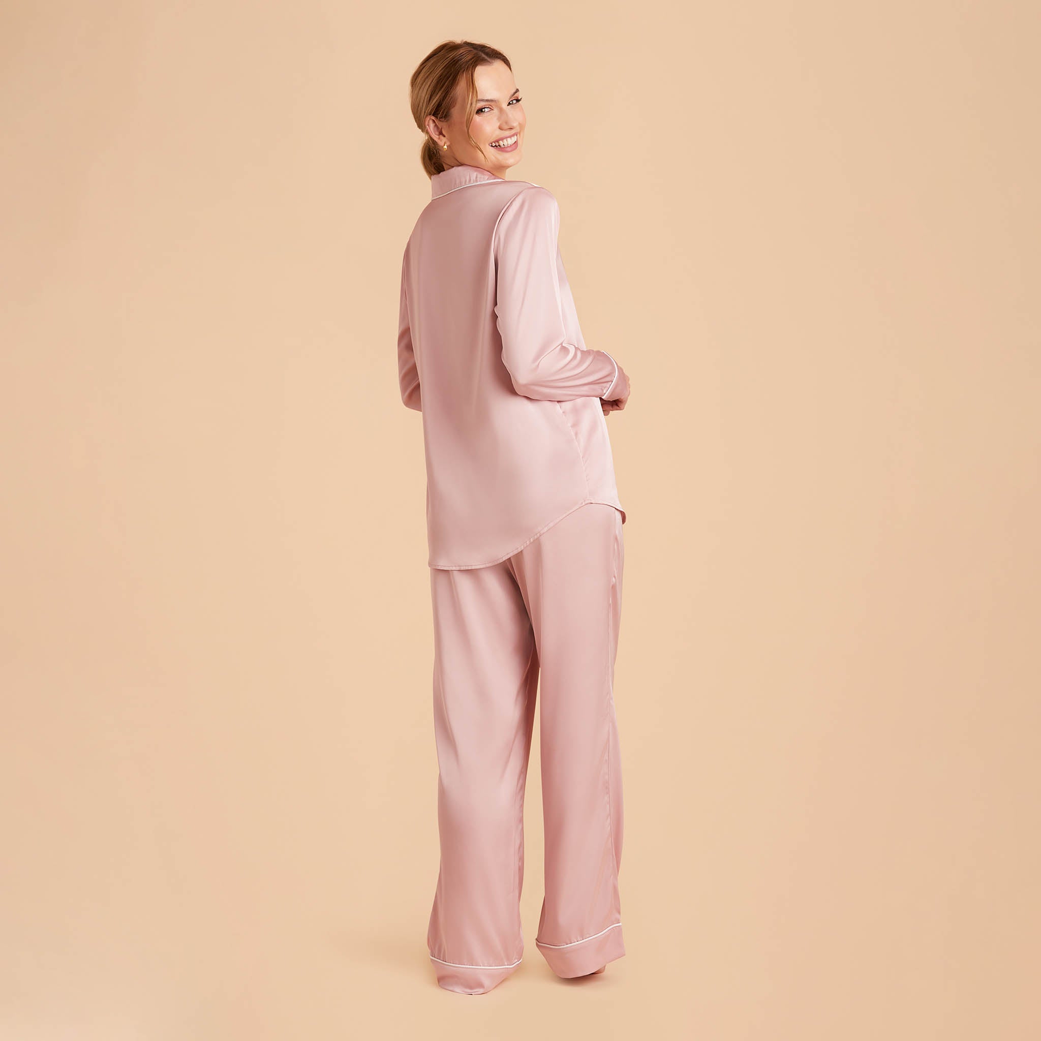 Jonny Satin Pants Bridesmaid Pajamas With White Piping in dusty pink, side view