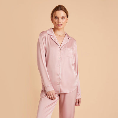 Jonny Satin Long Sleeve Pajama Top With White Piping in dusty pink, front view