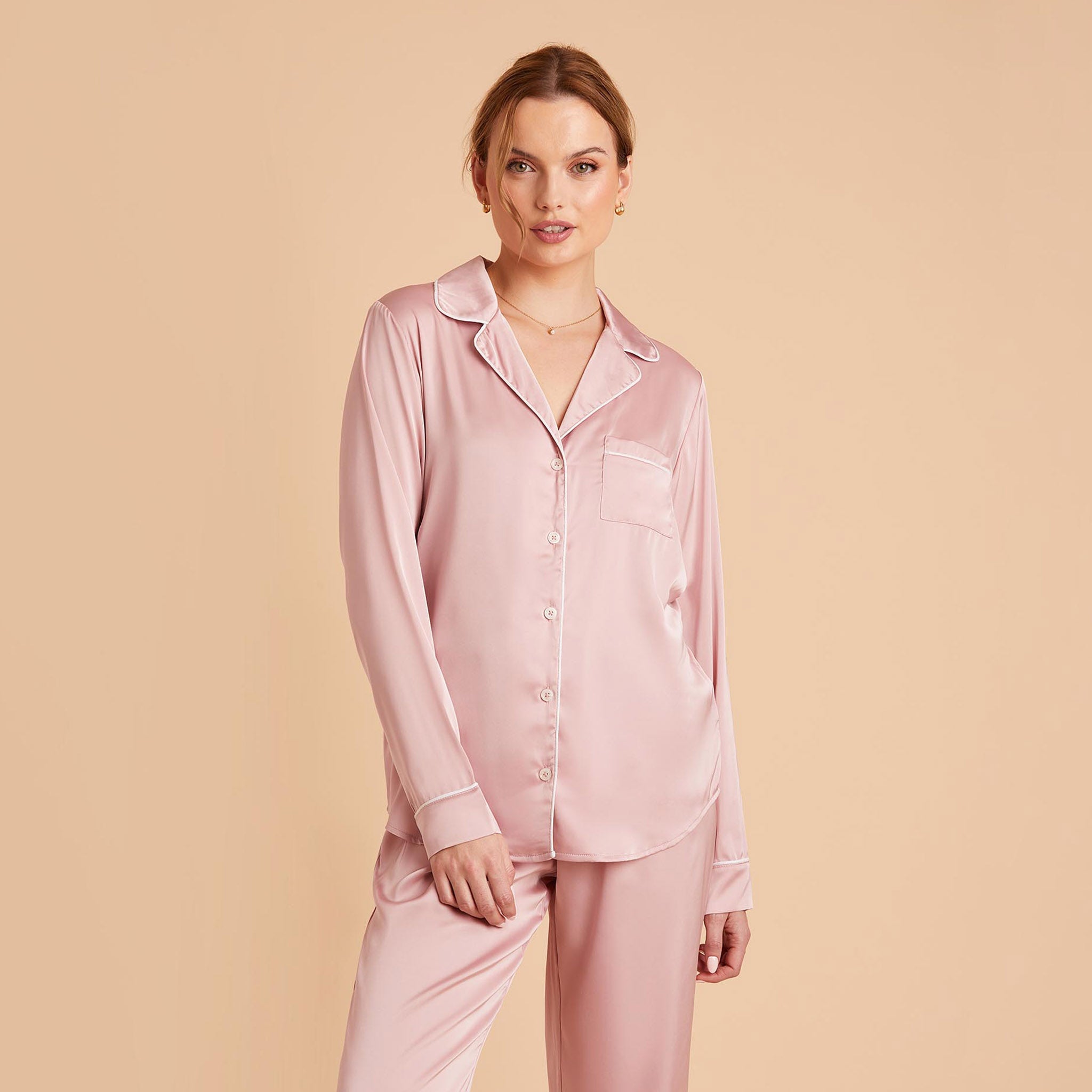 Jonny Dusty Pink Satin Long-Sleeve Pajama Top M / Not Personalized