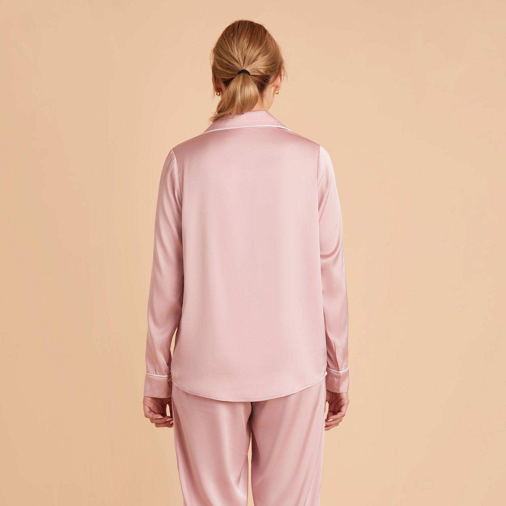 Jonny Satin Long Sleeve Pajama Top With White Piping in dusty pink, back view