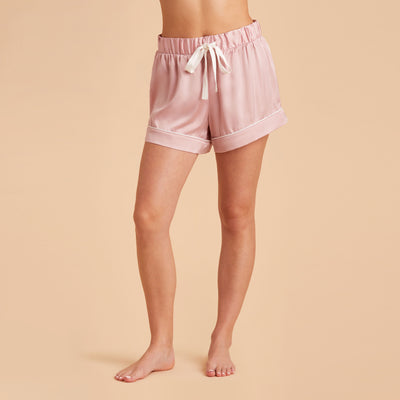 Jonny Satin Shorts Bridesmaid Pajamas With White Piping in dusty rose, front view