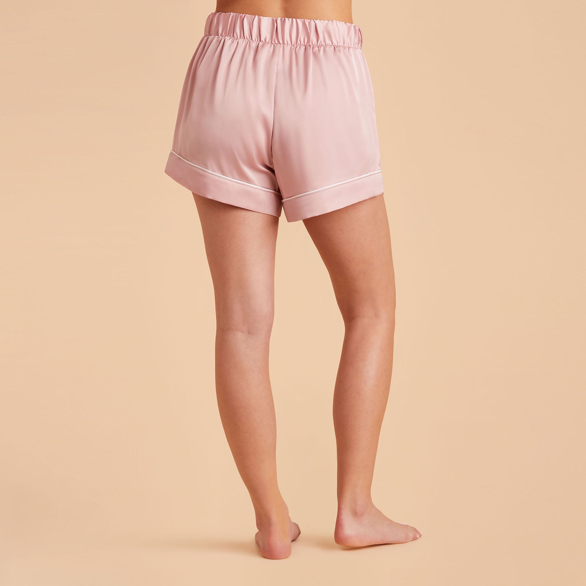 Jonny Satin Shorts Bridesmaid Pajamas With White Piping in dusty rose, back view