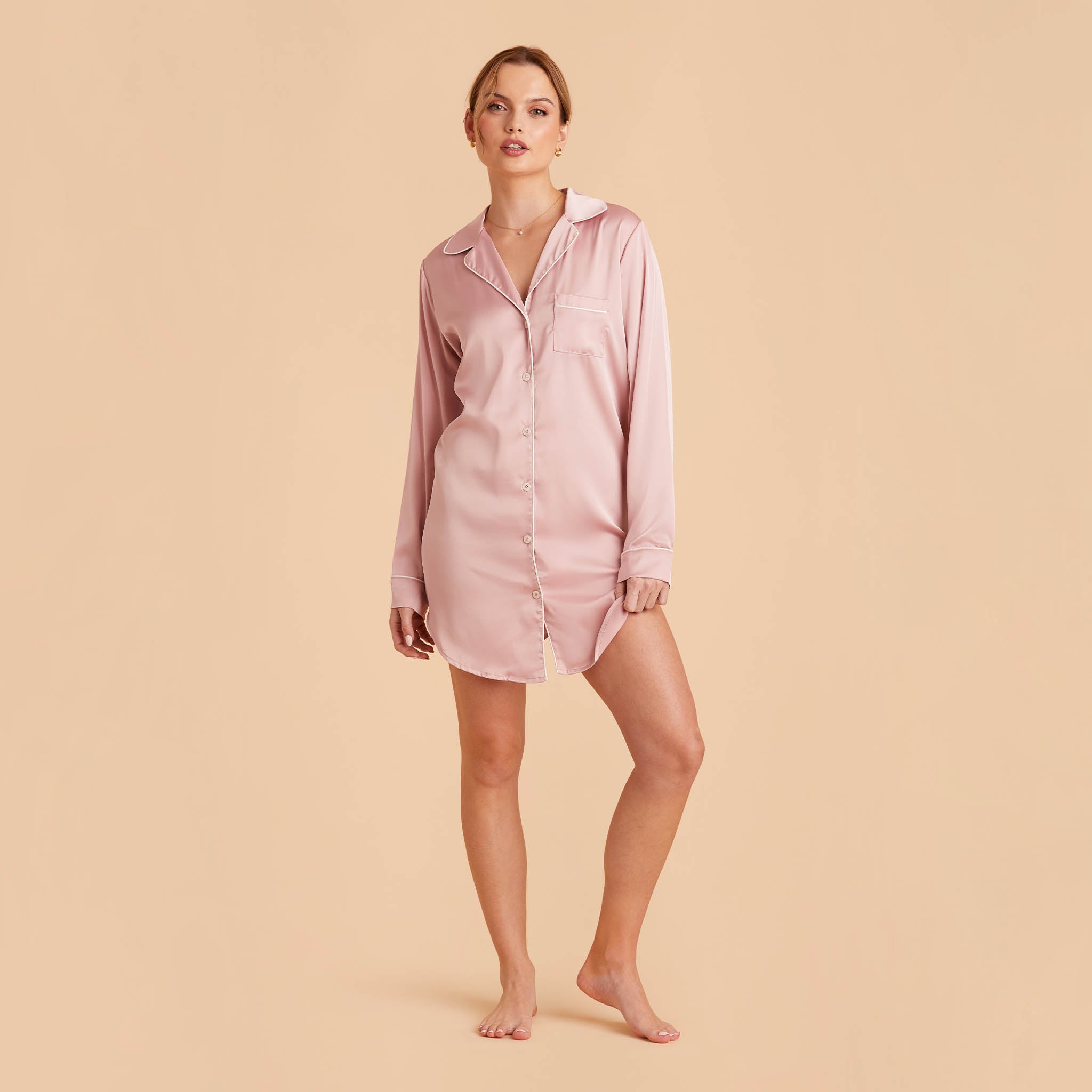 Satin Sleepshirt in dusty pink by Birdy Grey, front view