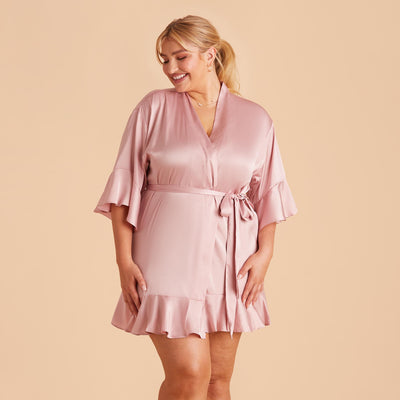 Kenny Ruffle Robe in dusty pink satin by Birdy Grey, front view