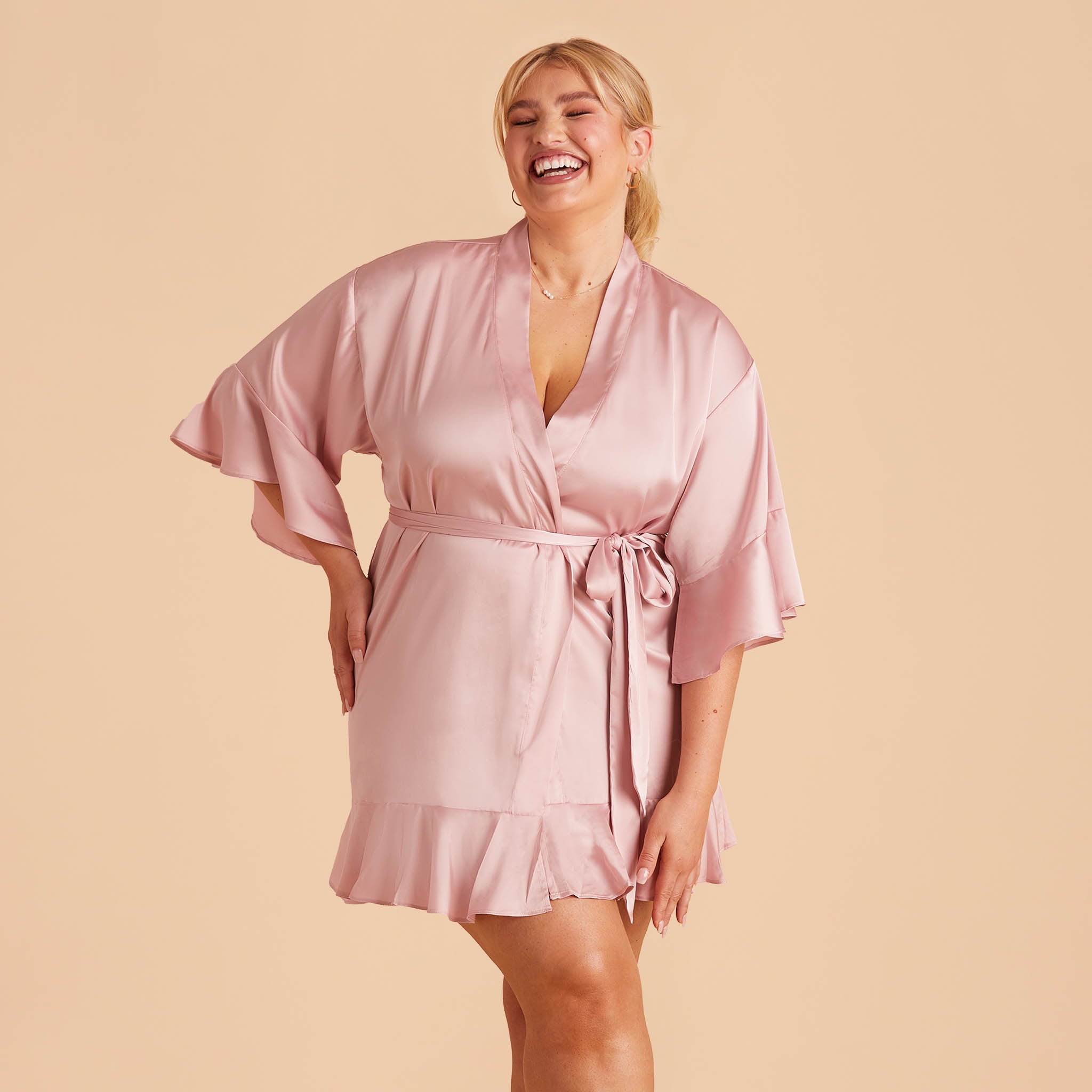 Kenny Ruffle Robe in dusty pink satin by Birdy Grey, front view