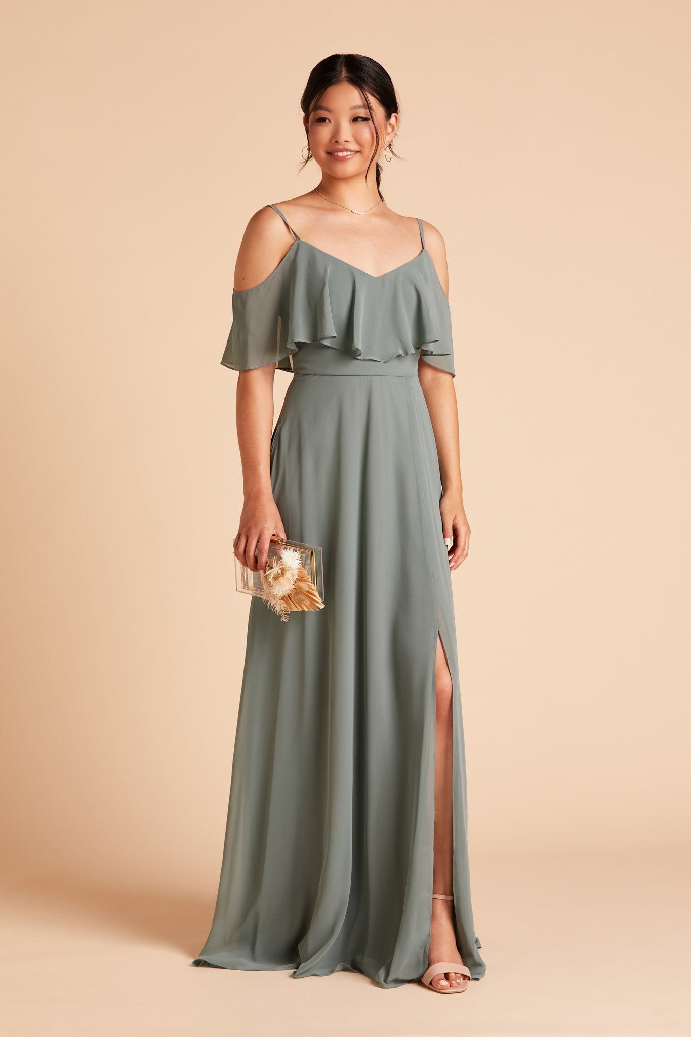 Jane convertible bridesmaid dress with slit in sea glass green chiffon by Birdy Grey, front view