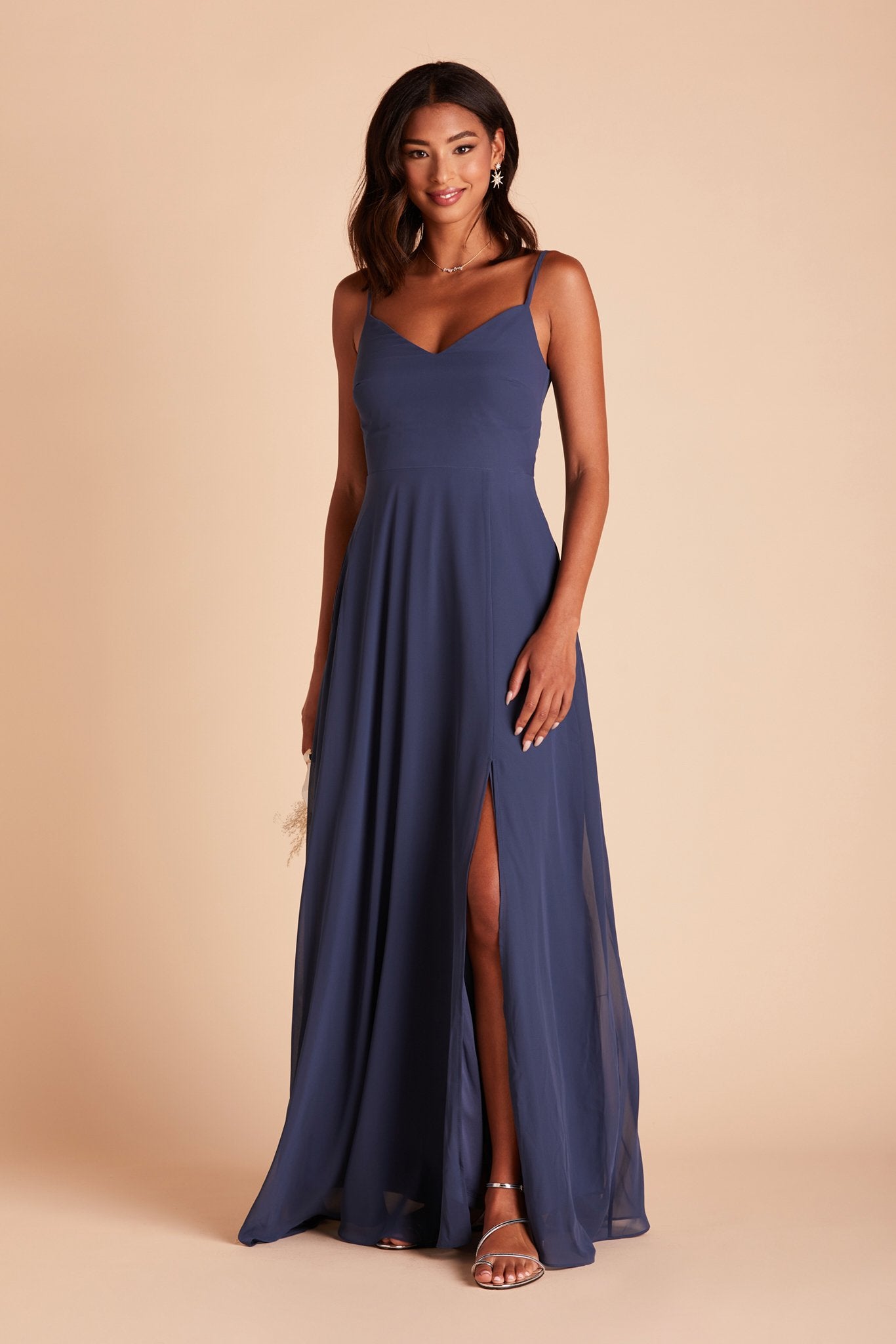 Devin convertible bridesmaids dress with slit in slate blue chiffon by Birdy Grey, front view