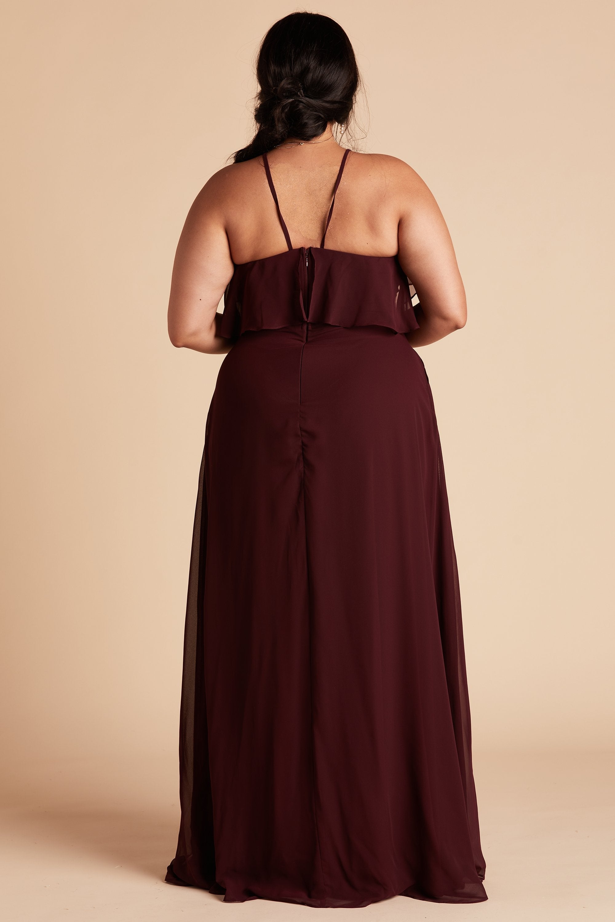 Jules plus size bridesmaid dress in cabernet burgundy chiffon by Birdy Grey, back view