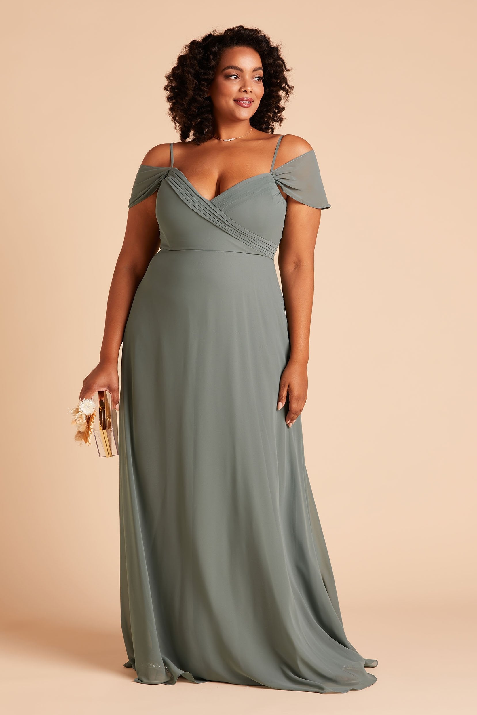 Spence convertible plus size bridesmaid dress in sea glass green chiffon by Birdy Grey, front view