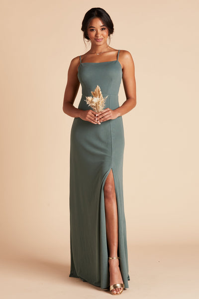 Benny bridesmaid dress with slit in sea glass green crepe by Birdy Grey, front view