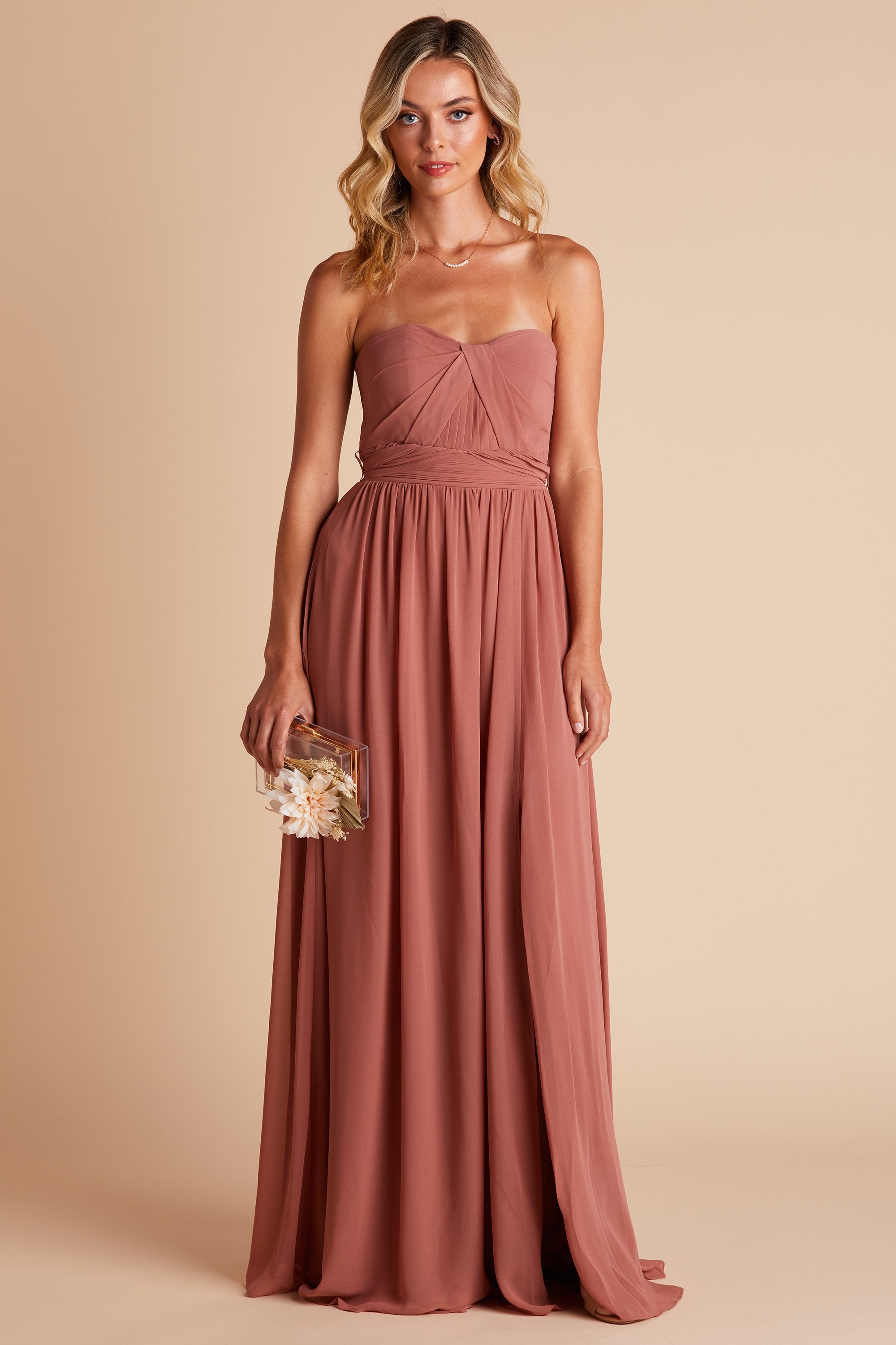 Front view of the Grace Convertible Dress in desert rose chiffon worn by a slender model with a light skin tone. 