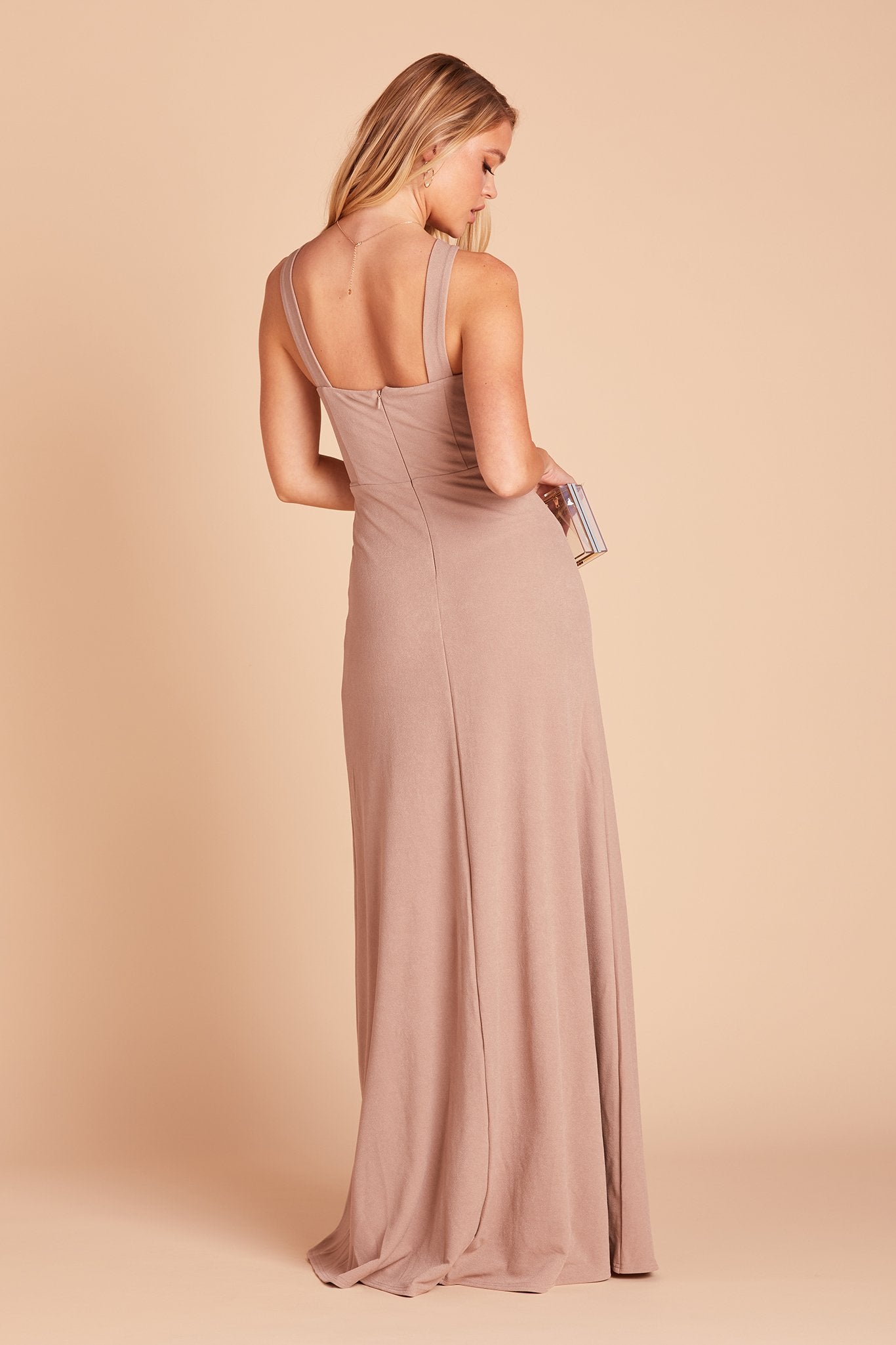 Gene bridesmaid dress with slit in taupe crepe by Birdy Grey, back view