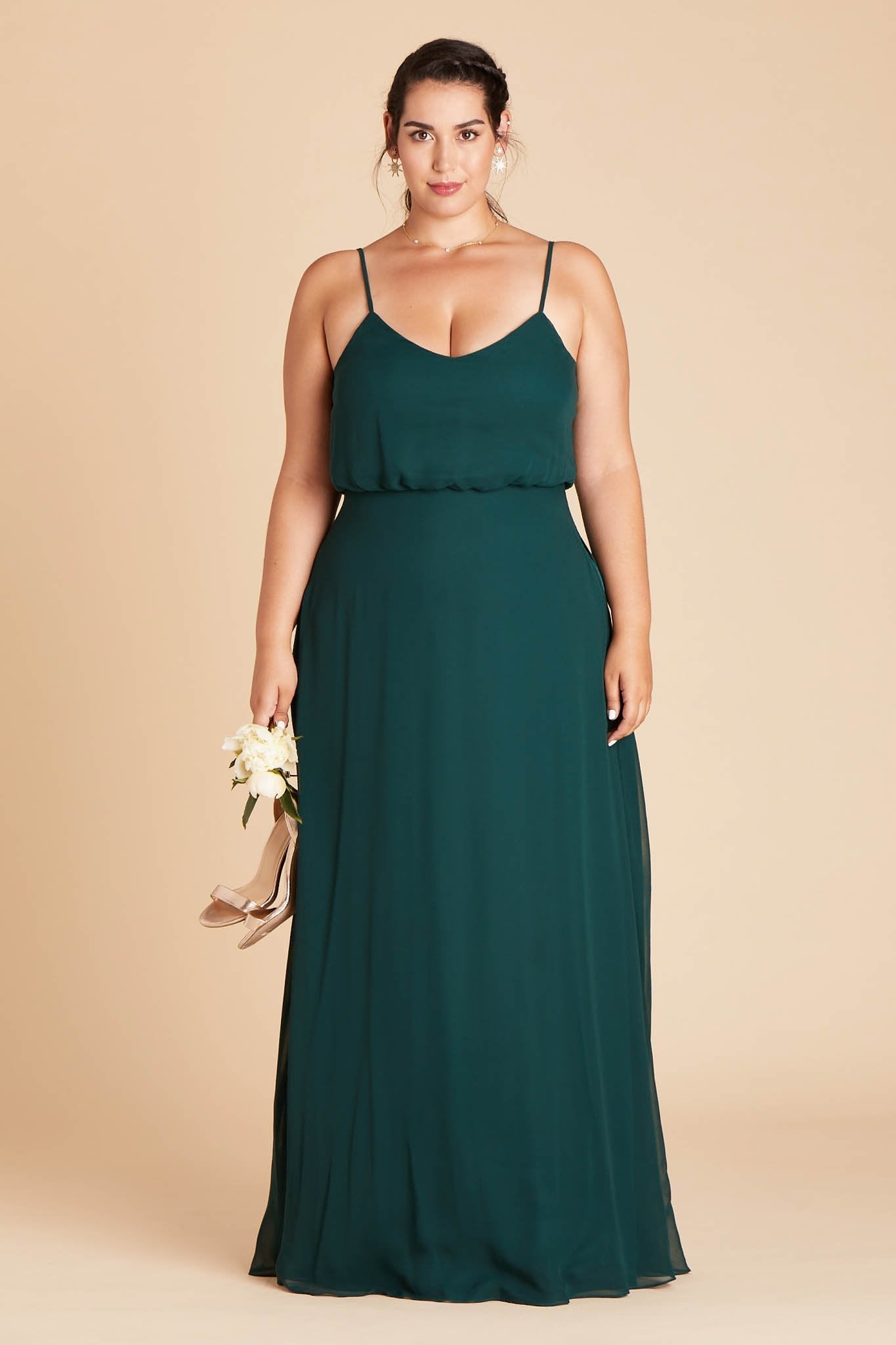 Gwennie plus size bridesmaid dress in emerald green chiffon by Birdy Grey, front view