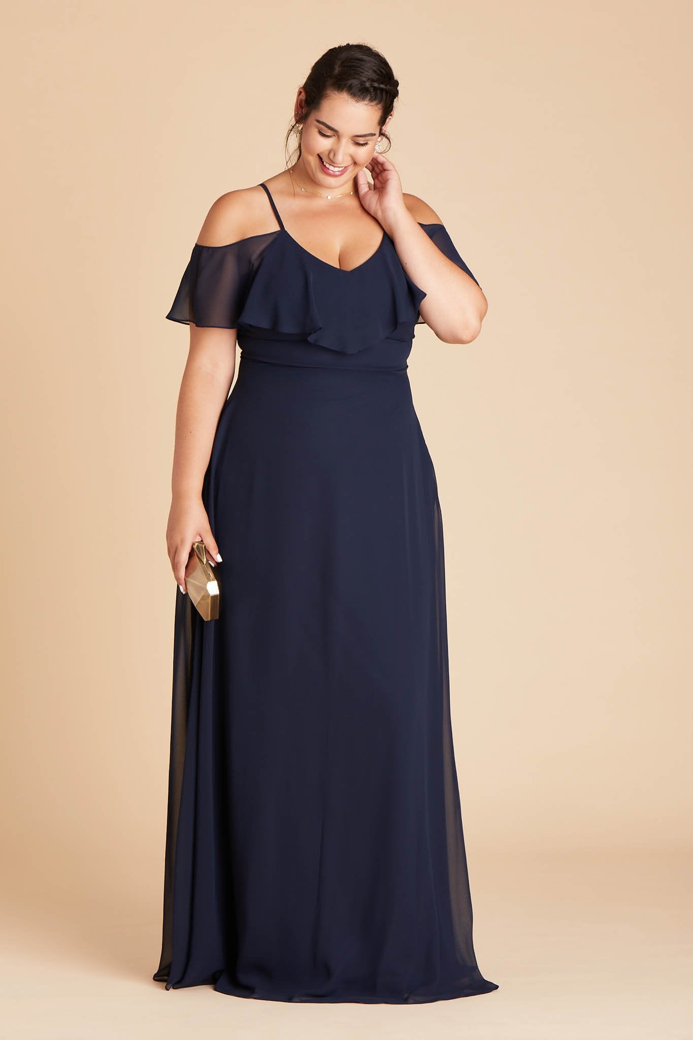 Jane convertible plus size bridesmaid dress in navy blue chiffon by Birdy Grey, front view