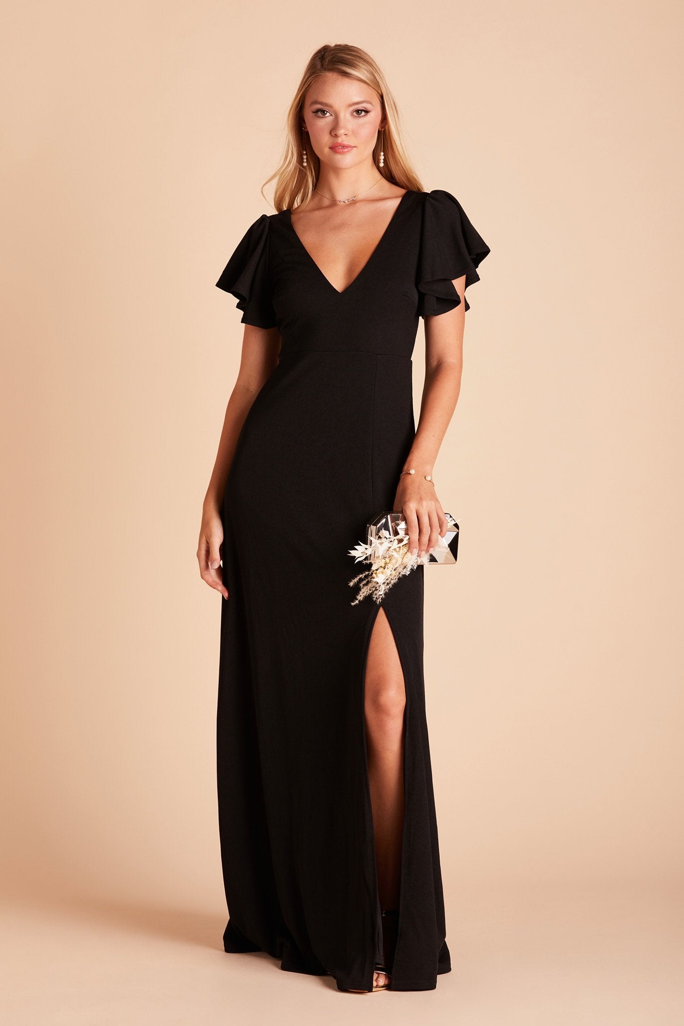 Hannah bridesmaid dress with slit in black crepe by Birdy Grey, front view
