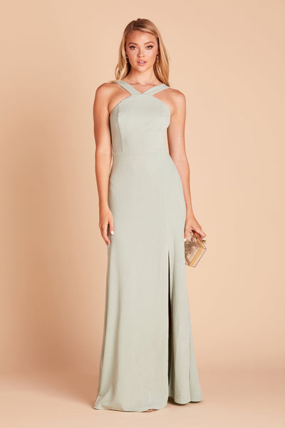 Gene bridesmaid dress with slit in sage green crepe by Birdy Grey, front view
