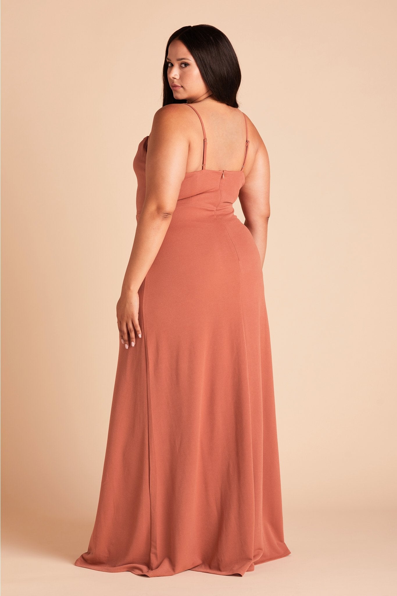Ash plus size bridesmaid dress in terracotta crepe by Birdy Grey, side view