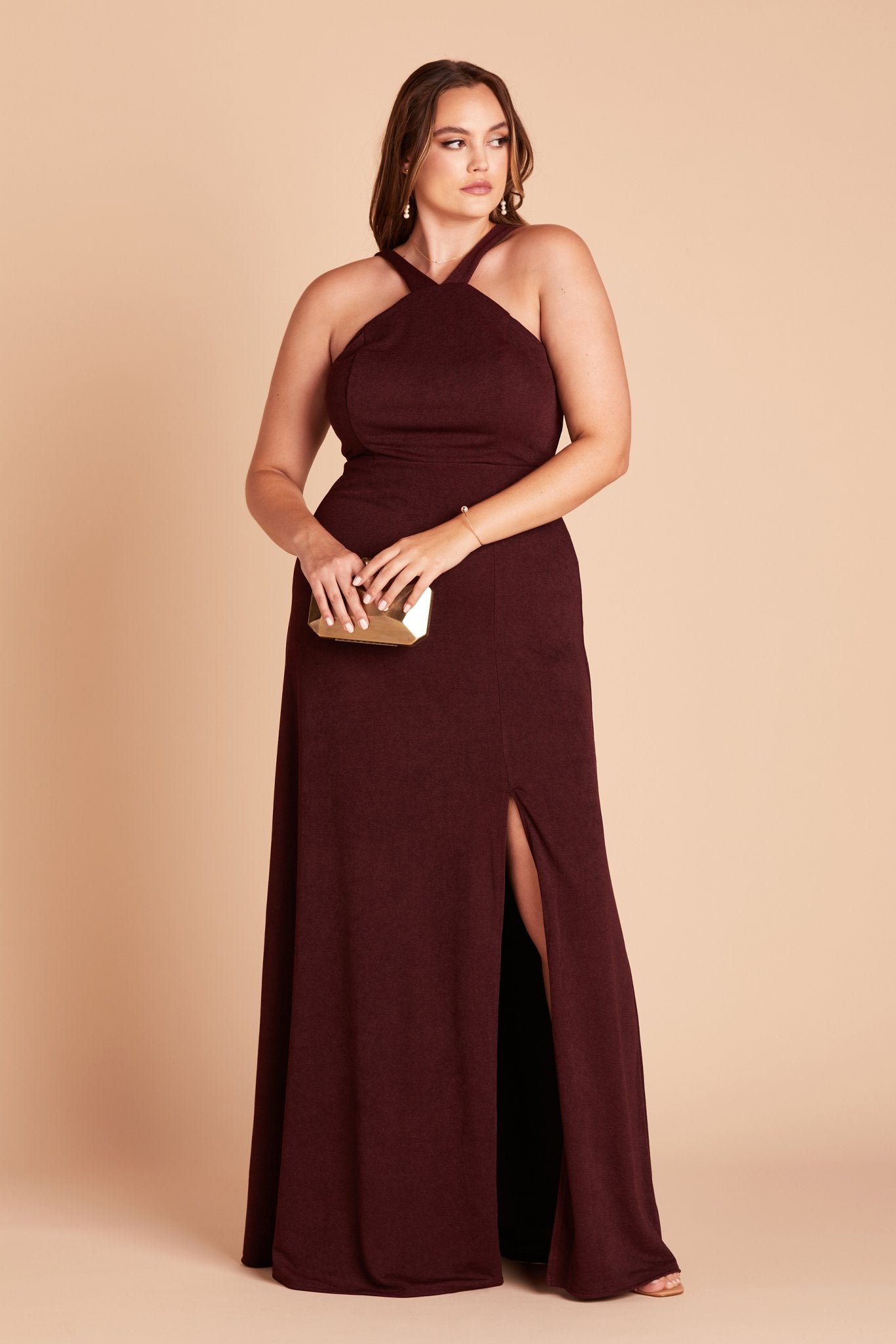 Gene plus size bridesmaid dress with slit in cabernet burgundy crepe by Birdy Grey, front view