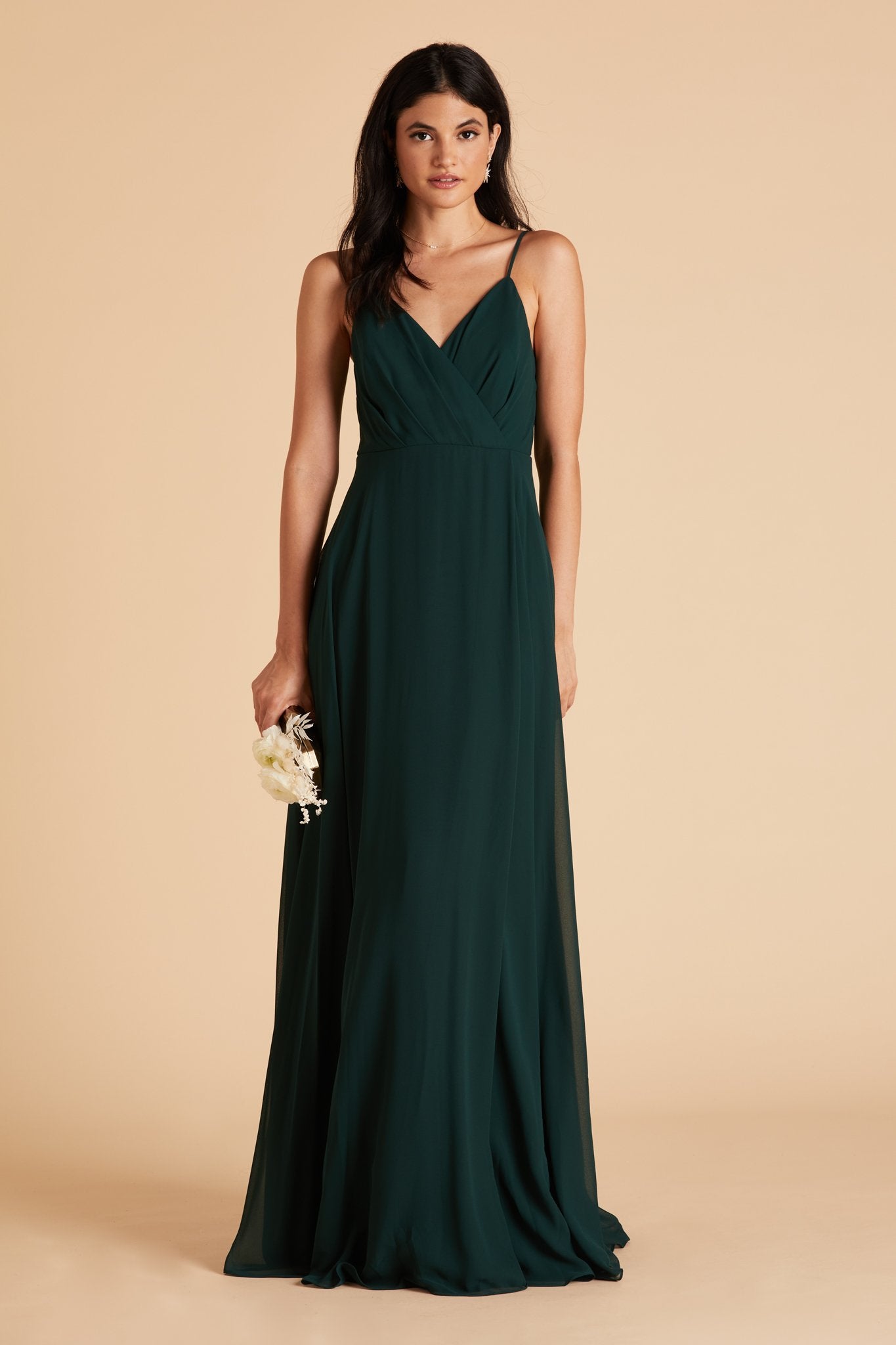 Kaia bridesmaids dress in emerald green chiffon by Birdy Grey, front view