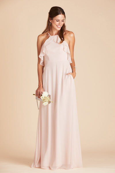 Jules bridesmaid dress in pale blush chiffon by Birdy Grey, front view with hand in pocket