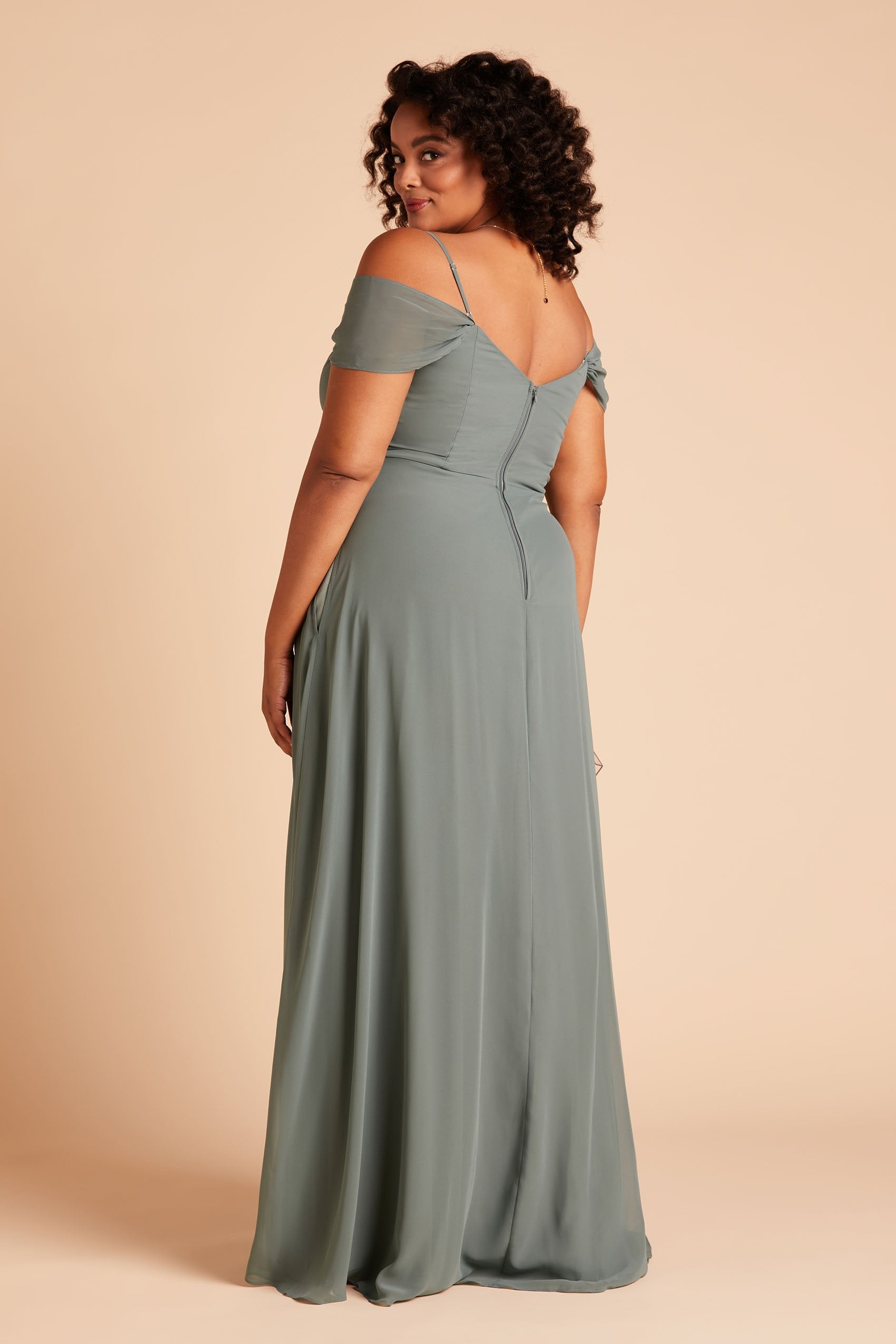 Spence convertible plus size bridesmaid dress in sea glass green chiffon by Birdy Grey, side view