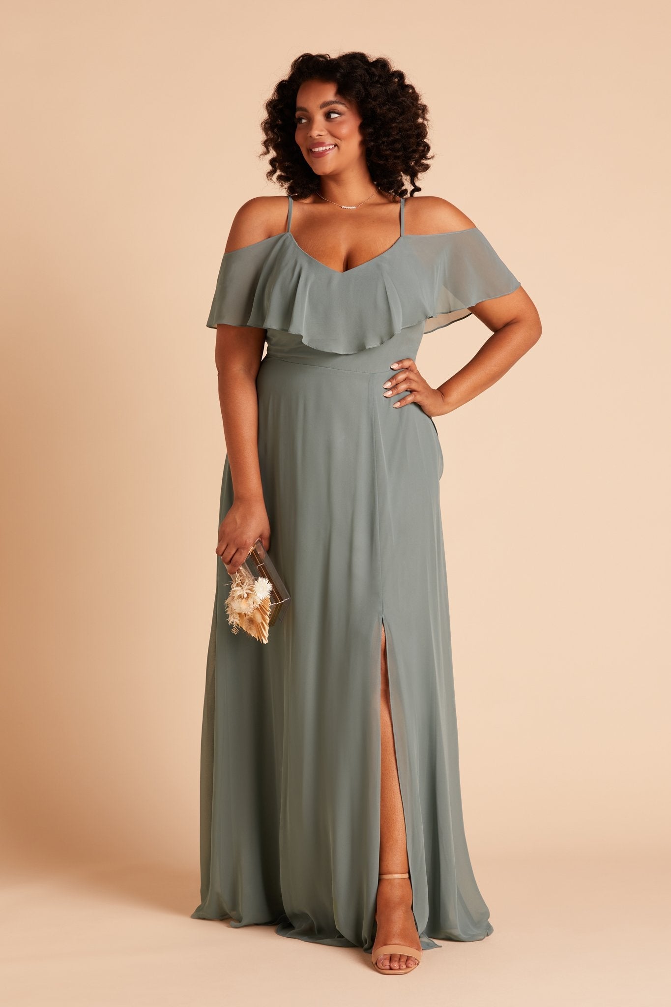 Jane convertible plus size bridesmaid dress with slit in sea glass green chiffon by Birdy Grey, front view