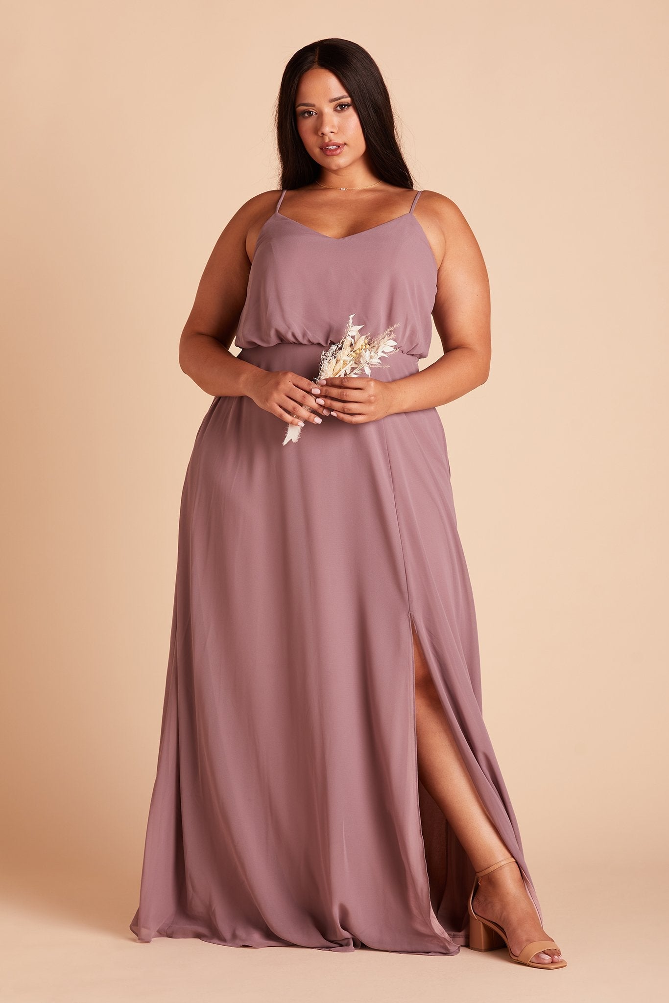 Gwennie plus size bridesmaid dress with slit in dark mauve chiffon by Birdy Grey, front view