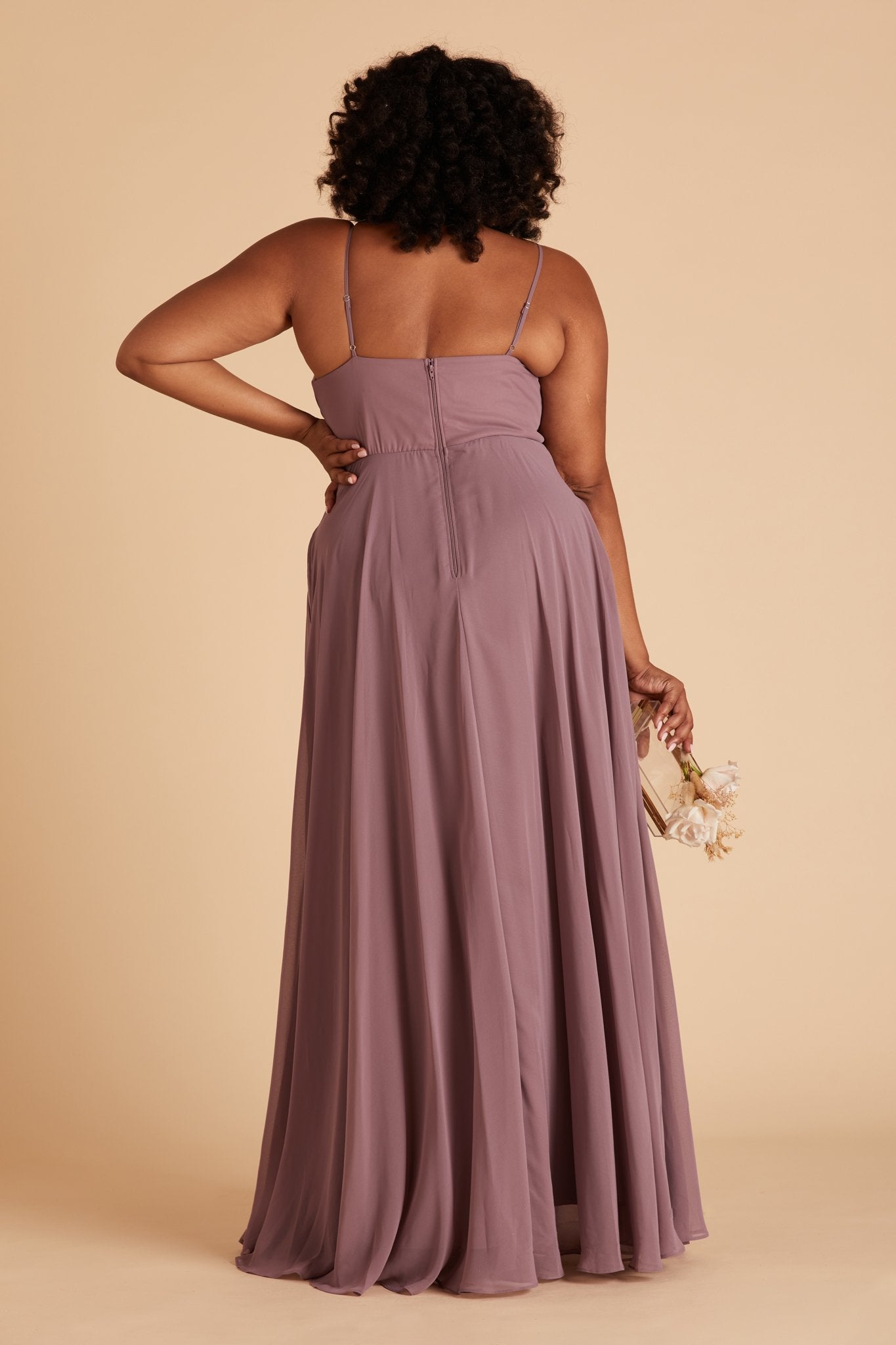 Kaia plus size bridesmaids dress in dark mauve purple chiffon by Birdy Grey, back view