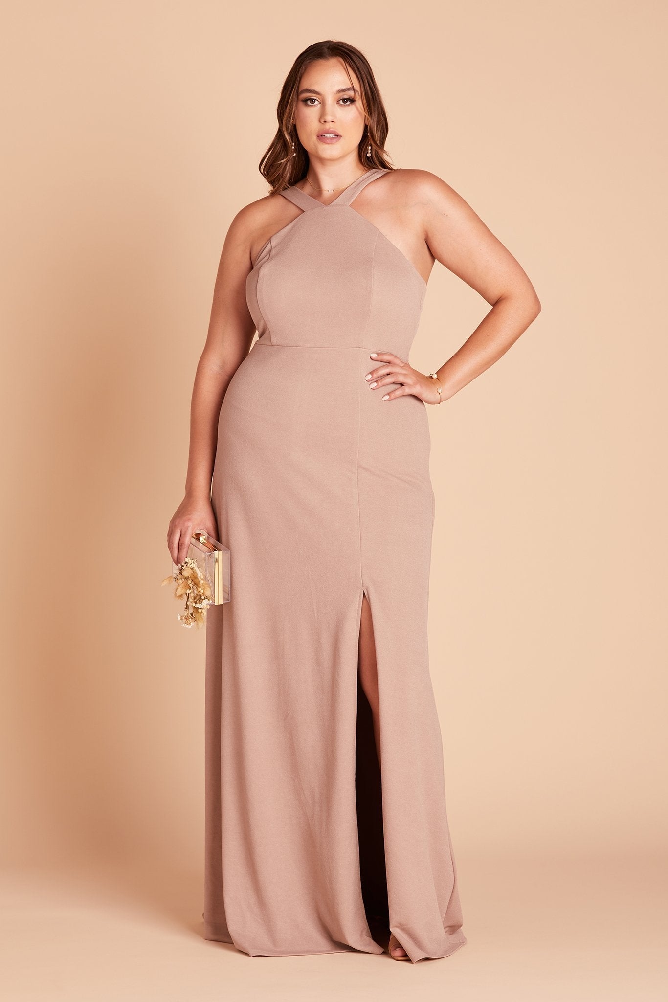 Gene plus size bridesmaid dress with slit in taupe crepe by Birdy Grey, front view