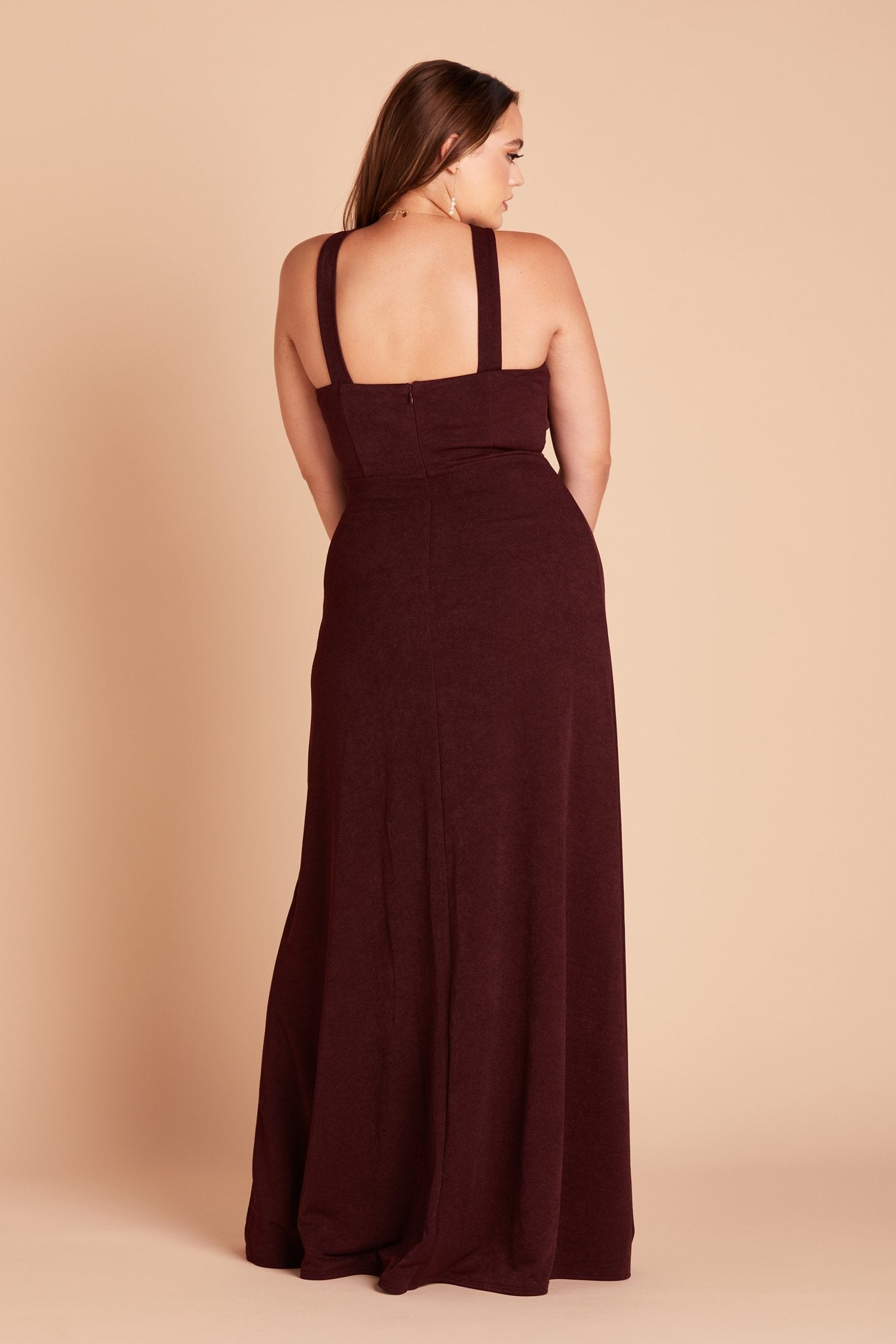 Gene plus size bridesmaid dress with slit in cabernet burgundy crepe by Birdy Grey, back view