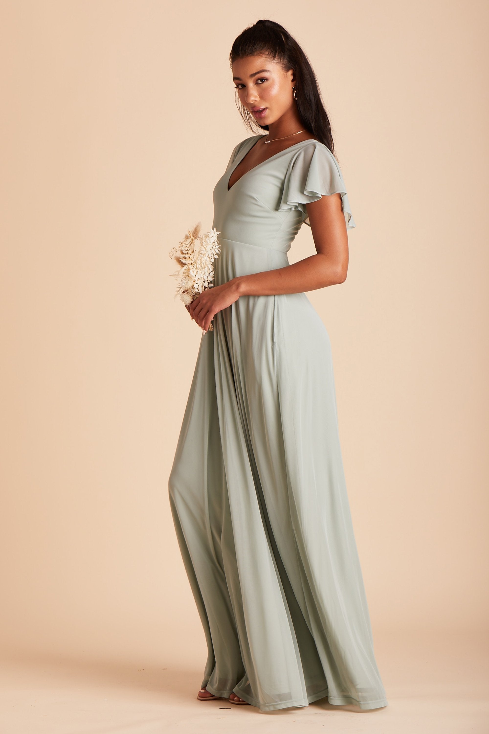 Hannah bridesmaids dress in sage green mesh by Birdy Grey, side view