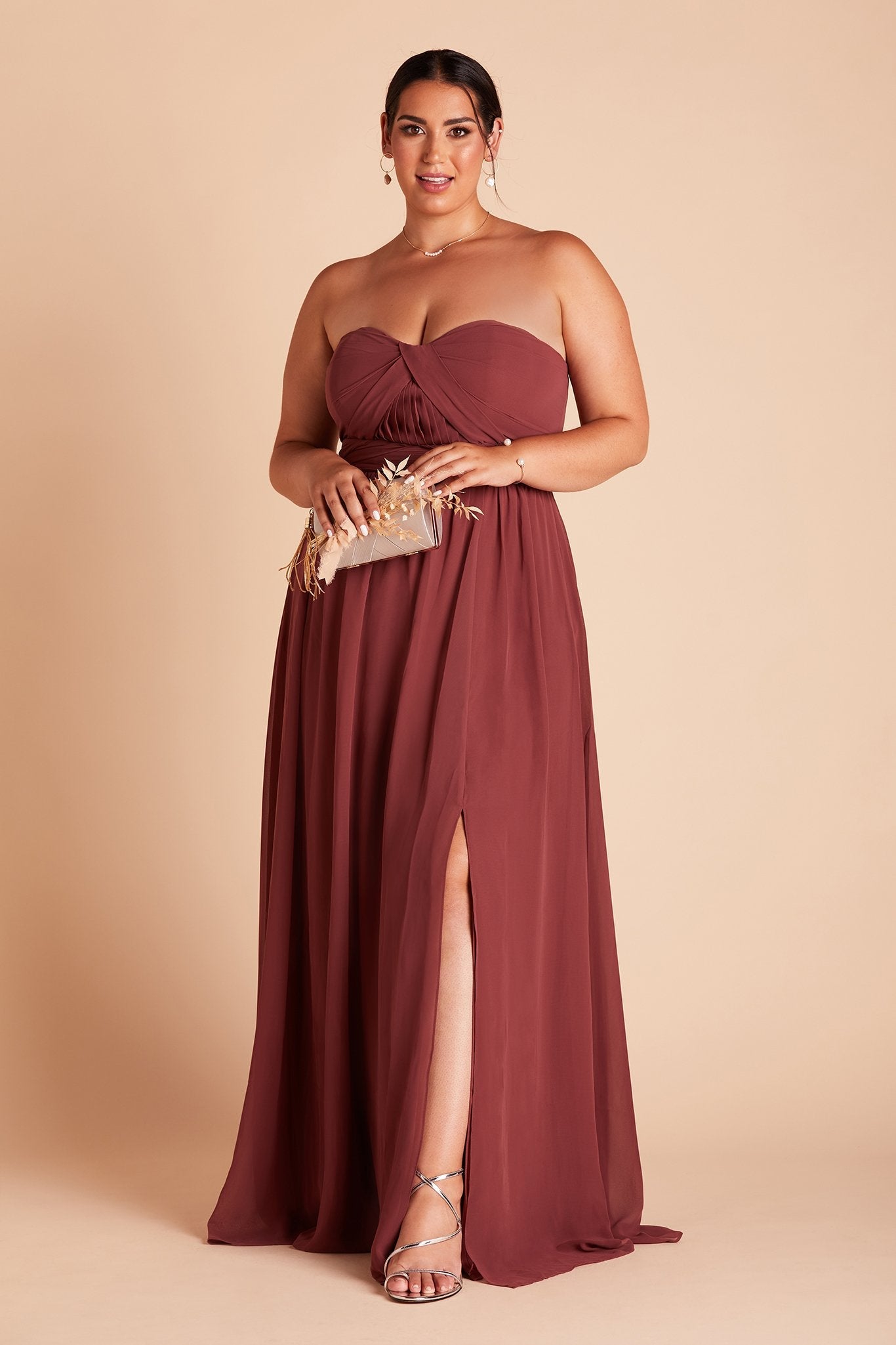 Grace convertible plus size bridesmaid dress with slit in rosewood chiffon by Birdy Grey, front view with hand in pocket