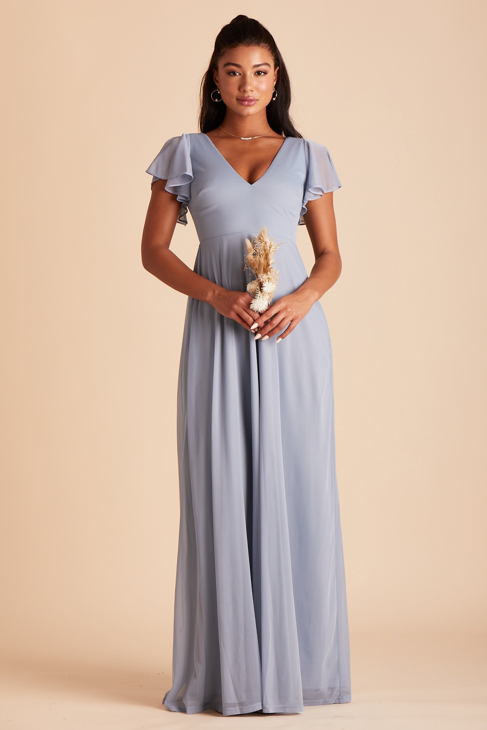 Hannah bridesmaids dress in dusty blue mesh by Birdy Grey, front view