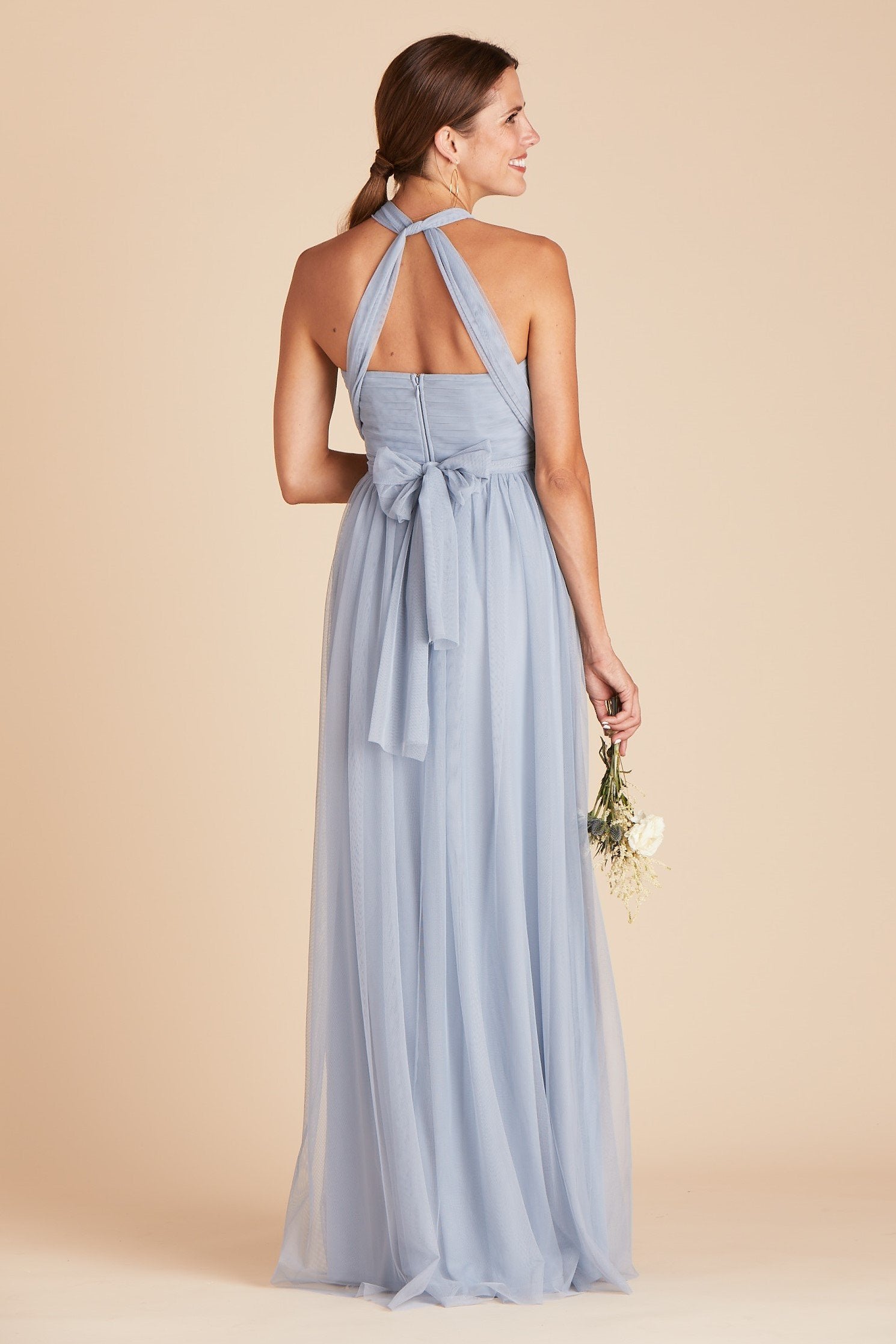 Christina convertible bridesmaid dress in dusty blue tulle by Birdy Grey, back view