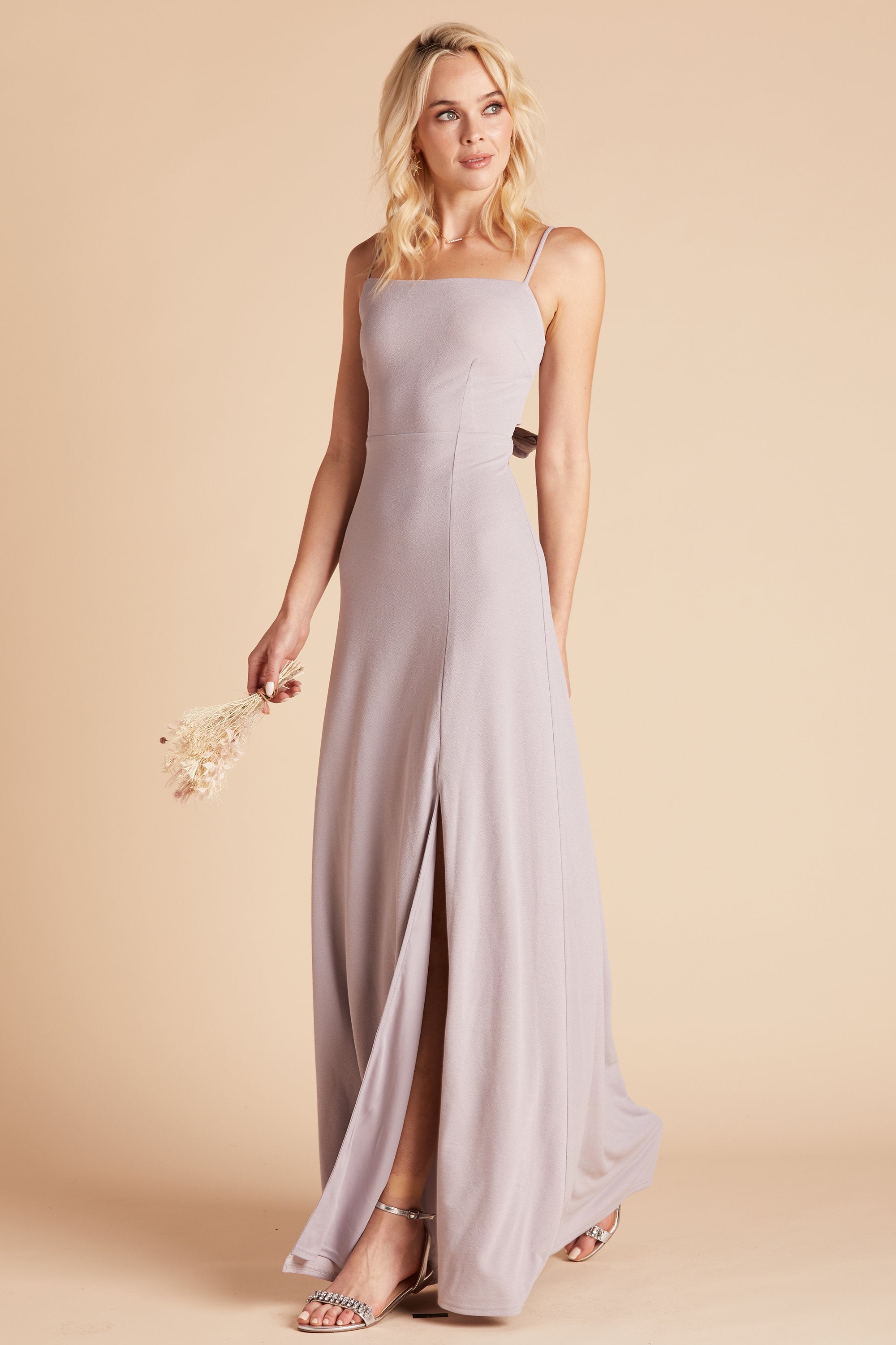 Benny bridesmaid dress with slit in emerald green crepe by Birdy Grey, front view