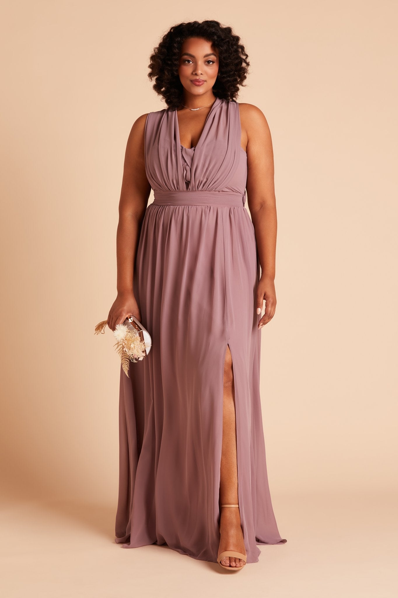 Grace convertible plus size bridesmaid dress with slit in dark mauve chiffon by Birdy Grey, front view