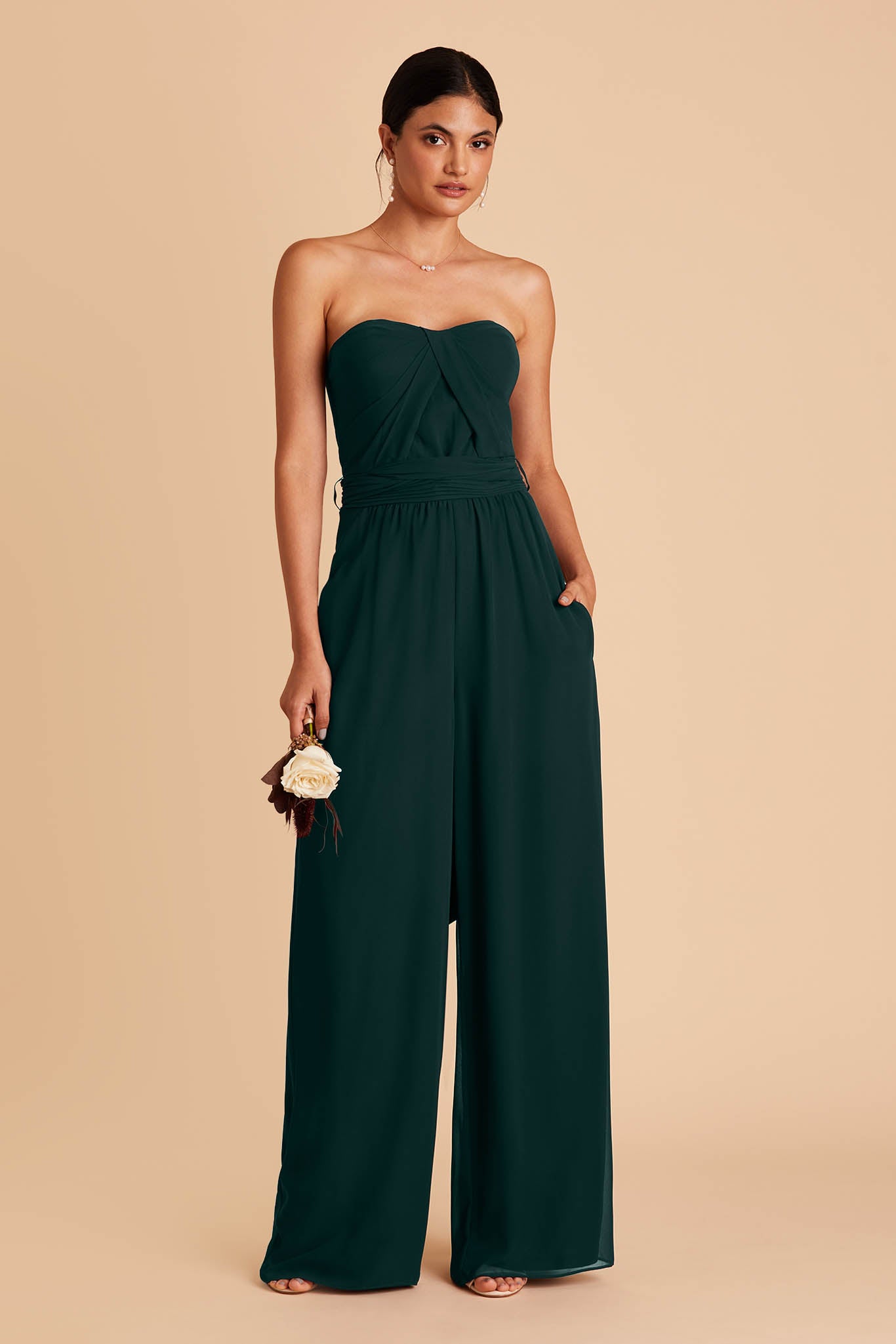 Dark green wedding jumpsuit with sweetheart bodice with convertible neckline