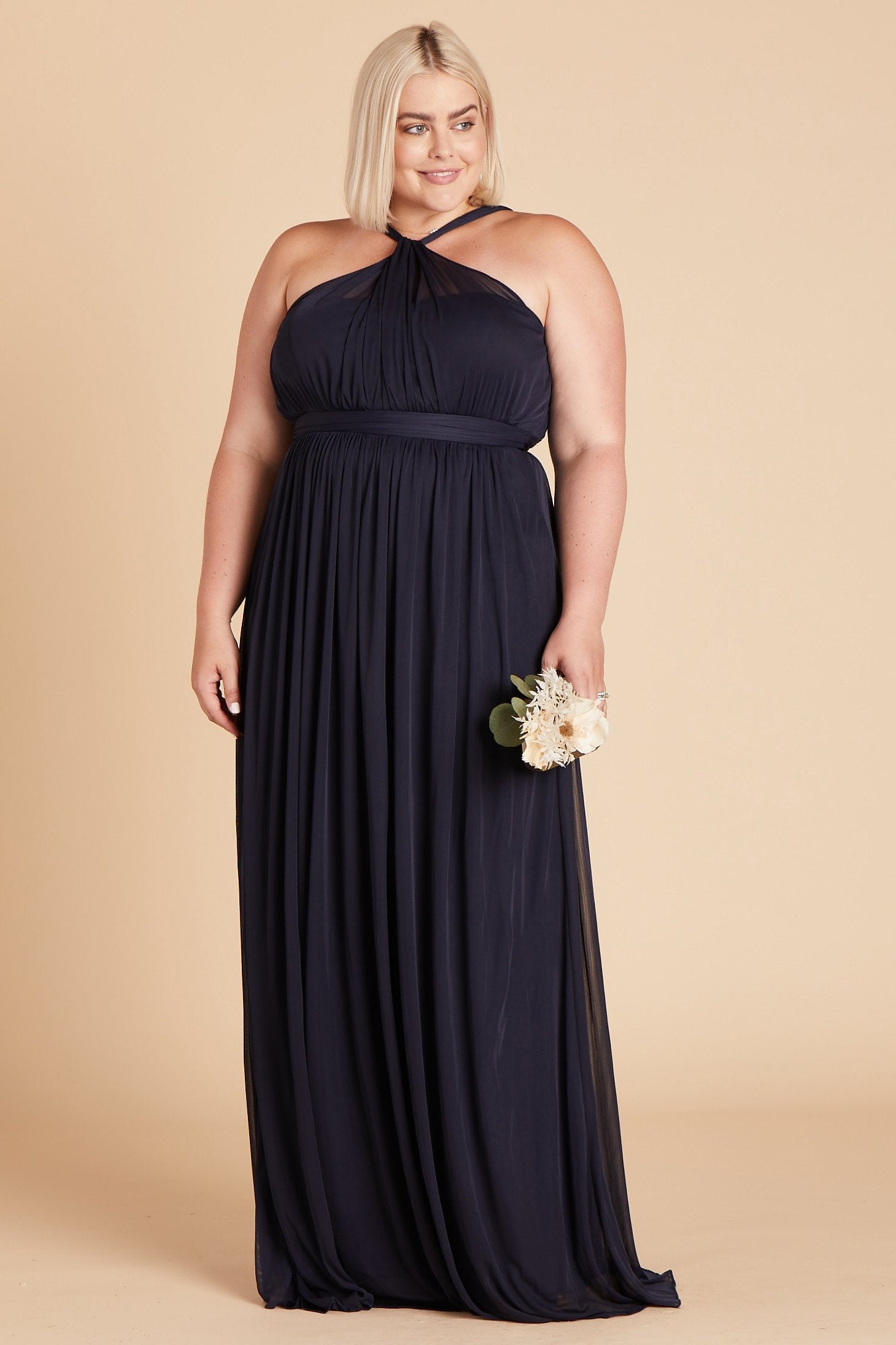 Kiko plus size bridesmaid dress in navy blue chiffon by Birdy Grey, front view